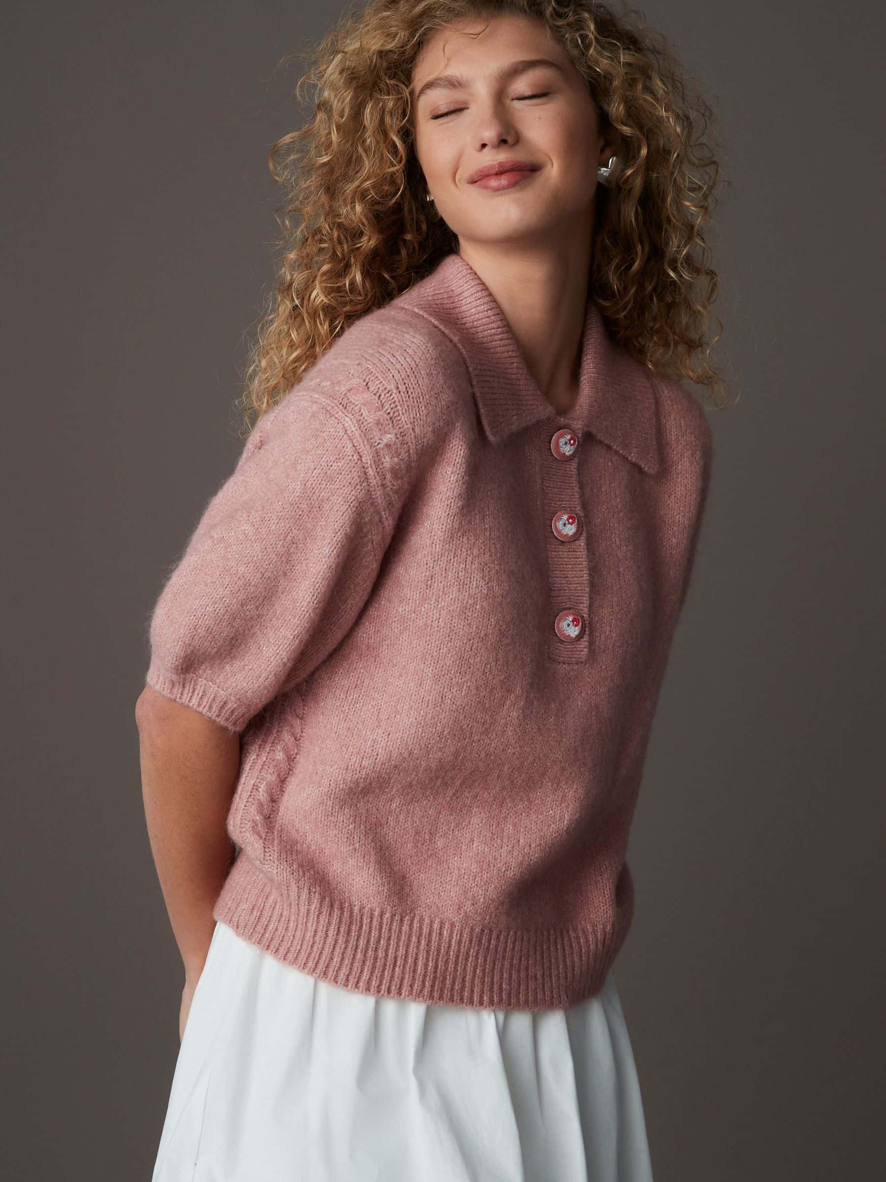 Pink Blush Soft Touch Short Sleeve Knitted Polo Jumper with Wool