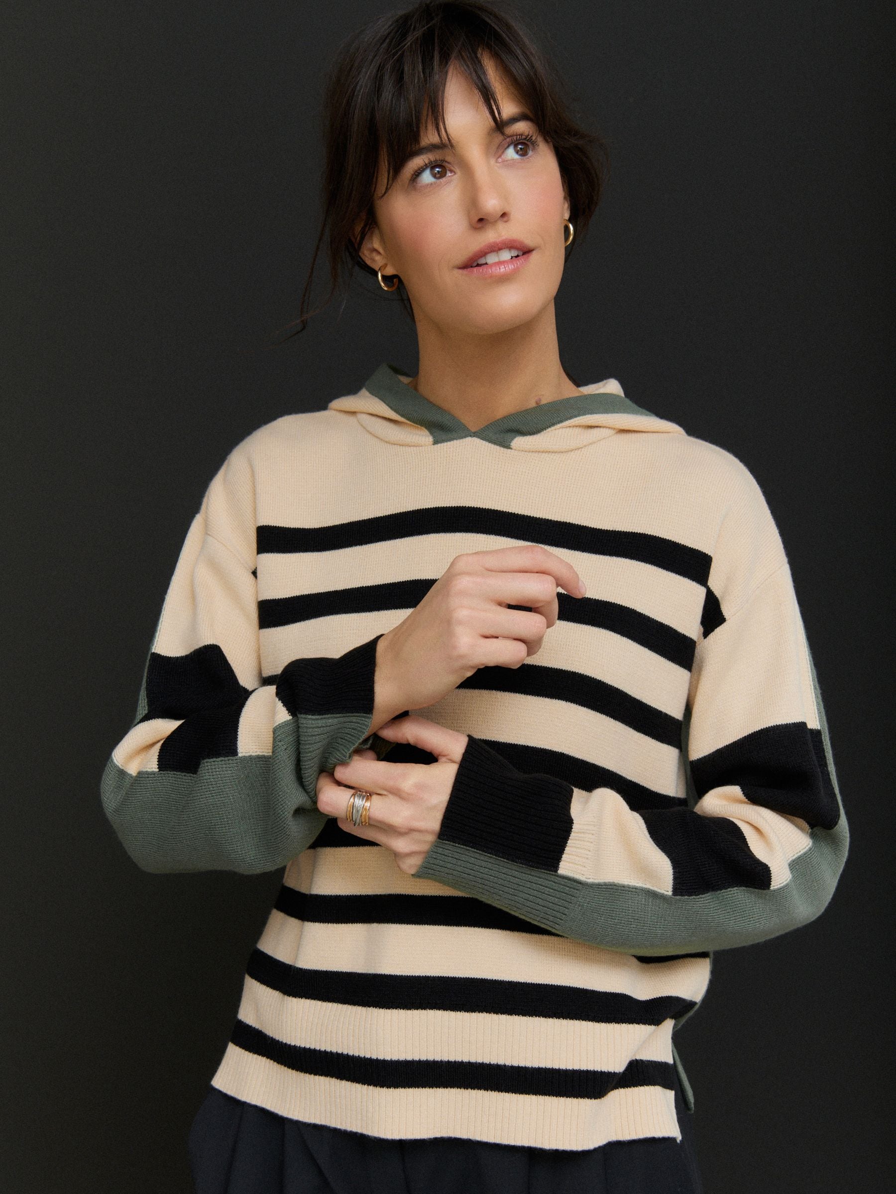 Neutral Black Stripe Cosy Soft Touch Knitted Jumper Hoodie