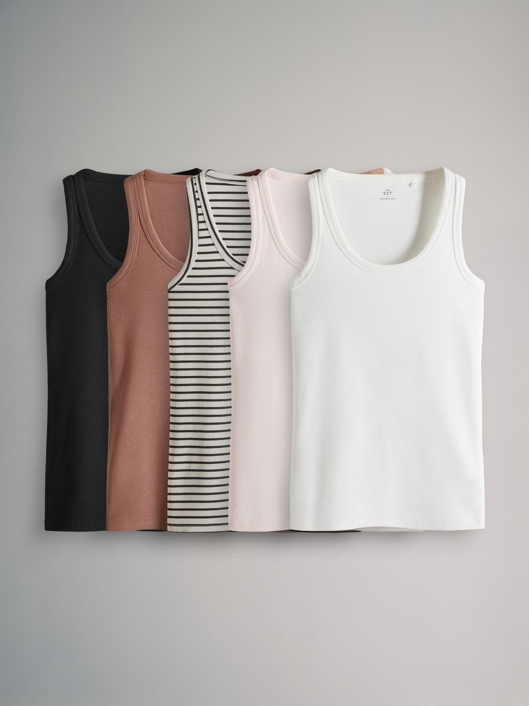 The Set Black/Rust/Cream/Peach Pink/Ecru Stripe 5 Pack Ribbed Scoop Neck Vests