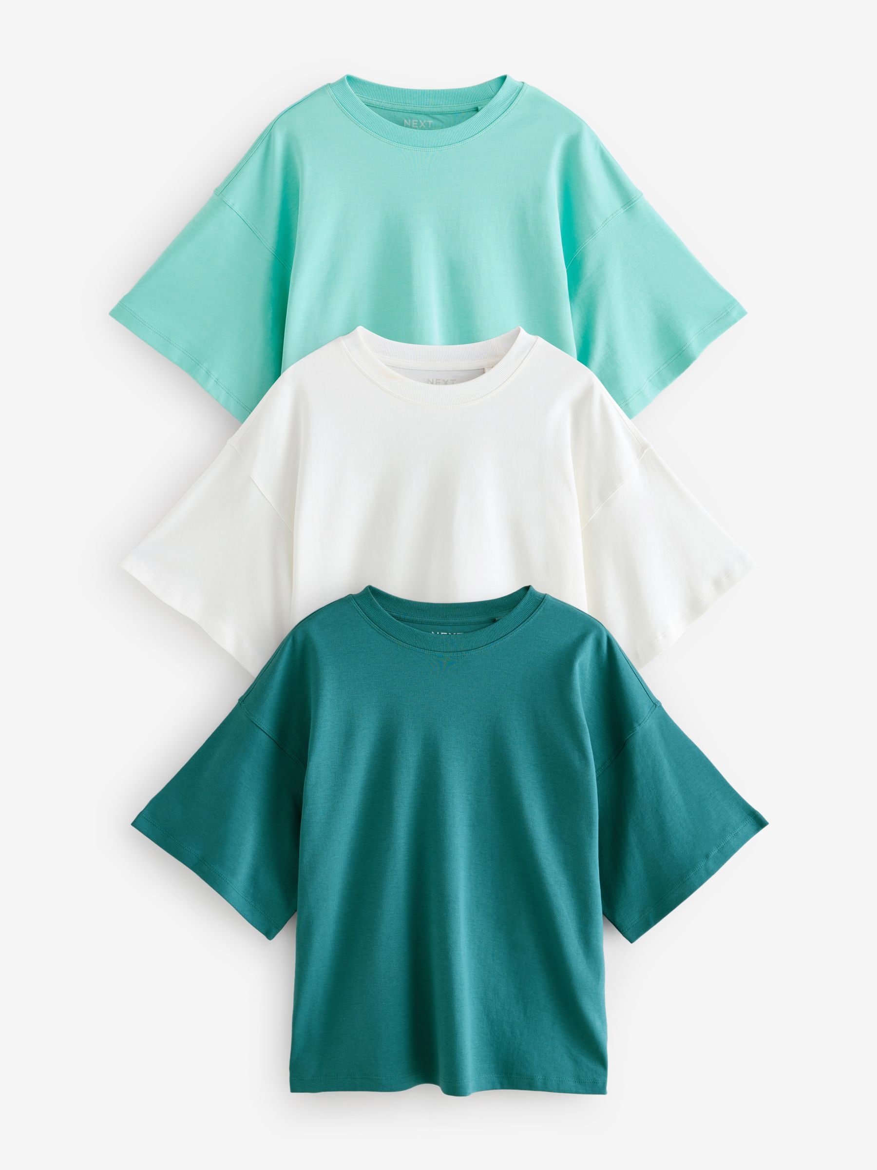 Teal/Ecru/Blue Boxy Oversized Relaxed Fit Heavyweight Crew Neck T-Shirt