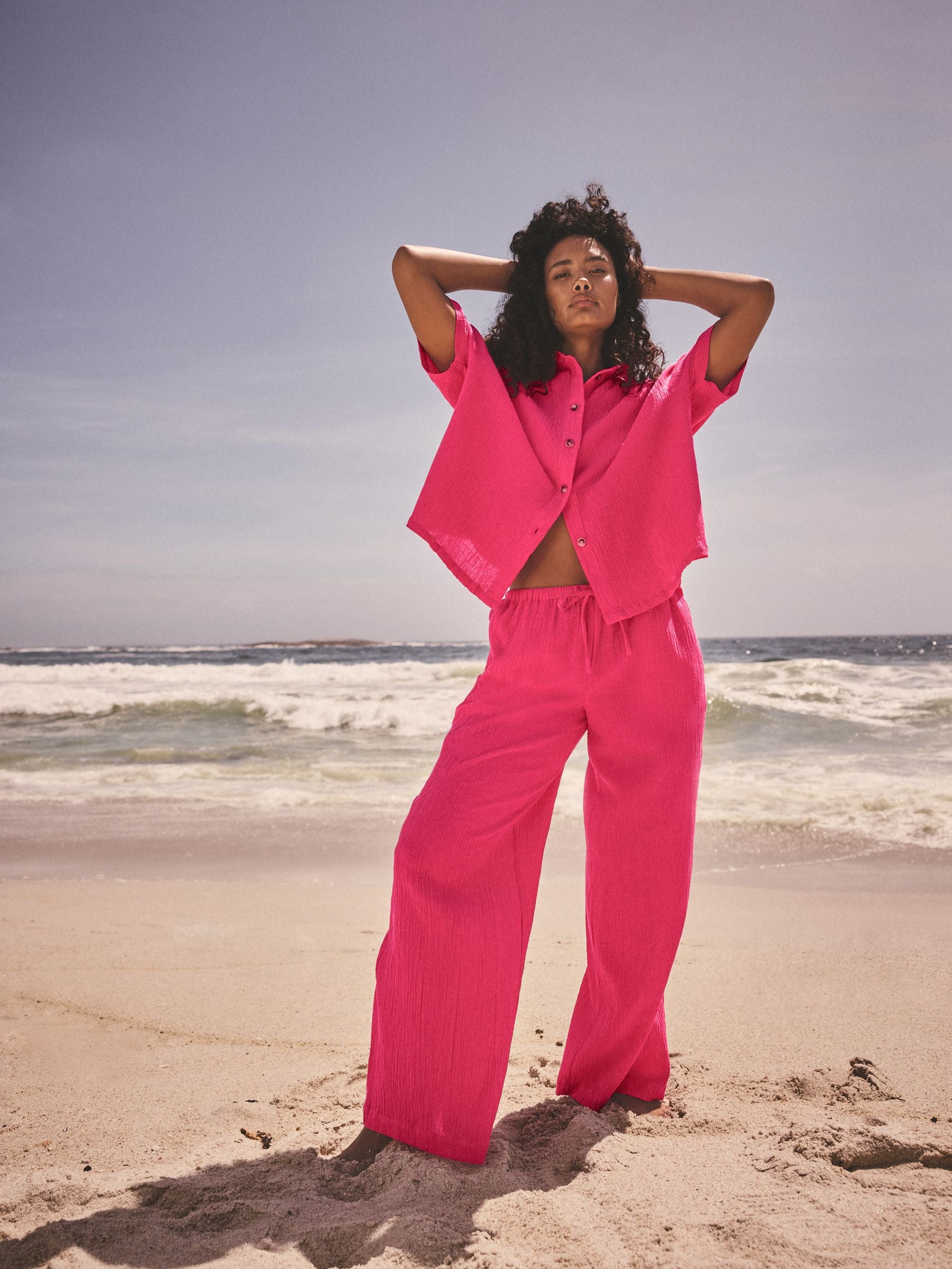 Bright Pink Wide Leg Textured Co-ord Trousers with Linen