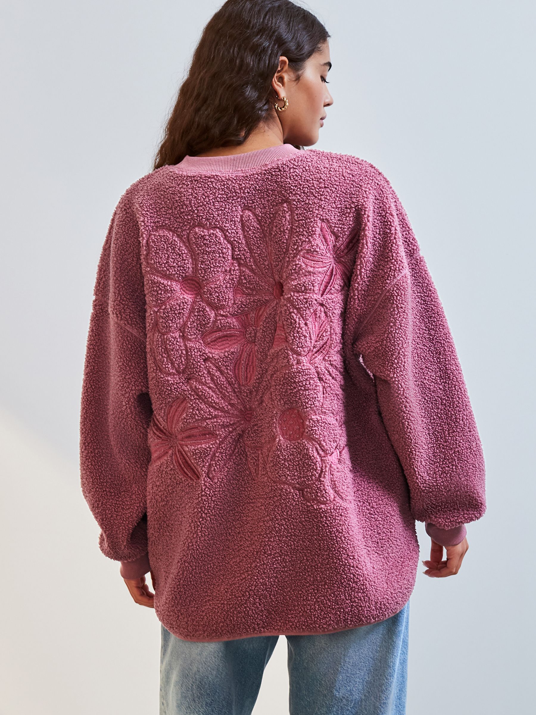 Blush Pink Floral Graphic Print Relaxed Fit Teddy Borg Fleece Cord Back Longline Crew Neck Sweatshirt