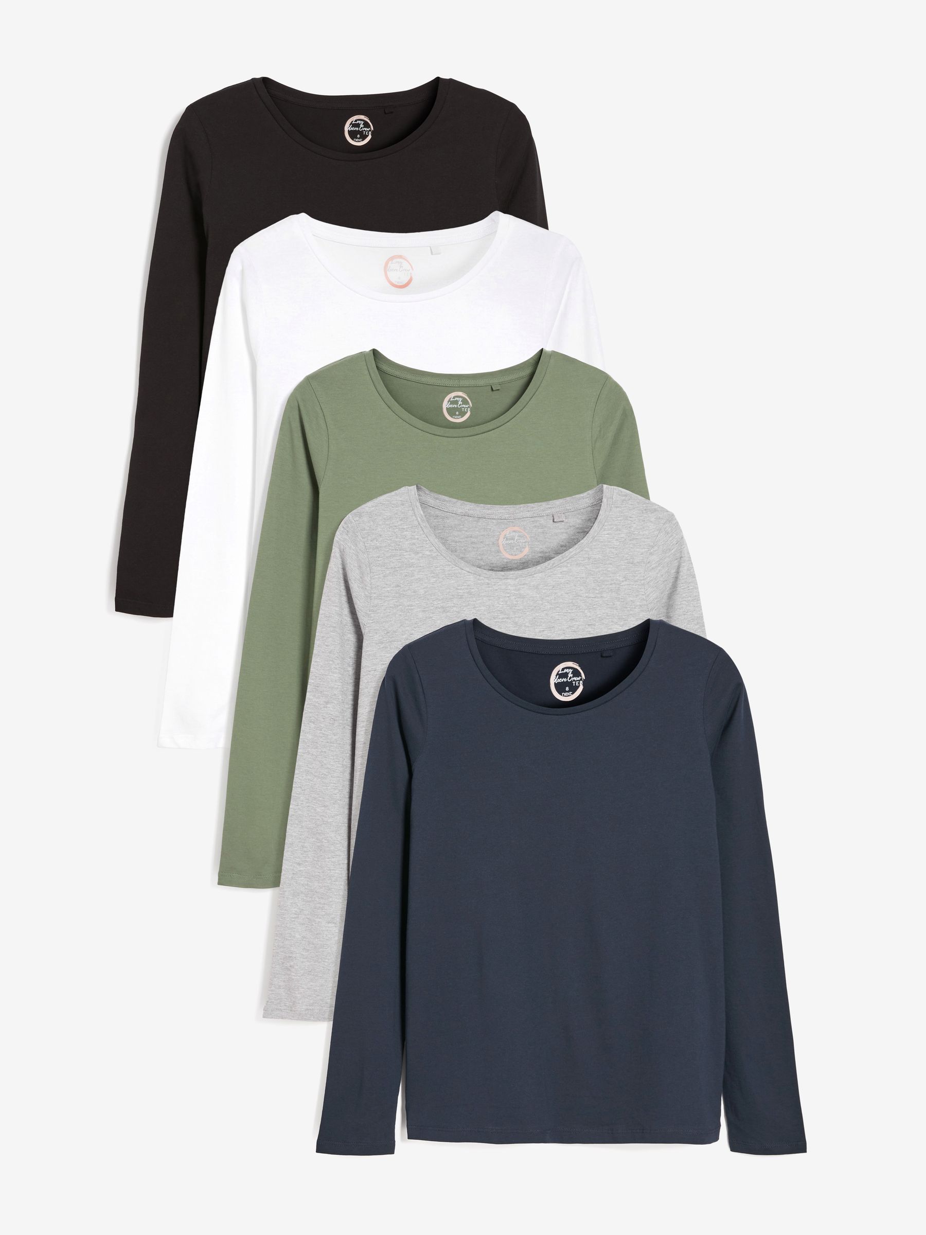 Black/White/Grey/Blue/Green 100% Cotton Long Sleeve Tops 5 Pack
