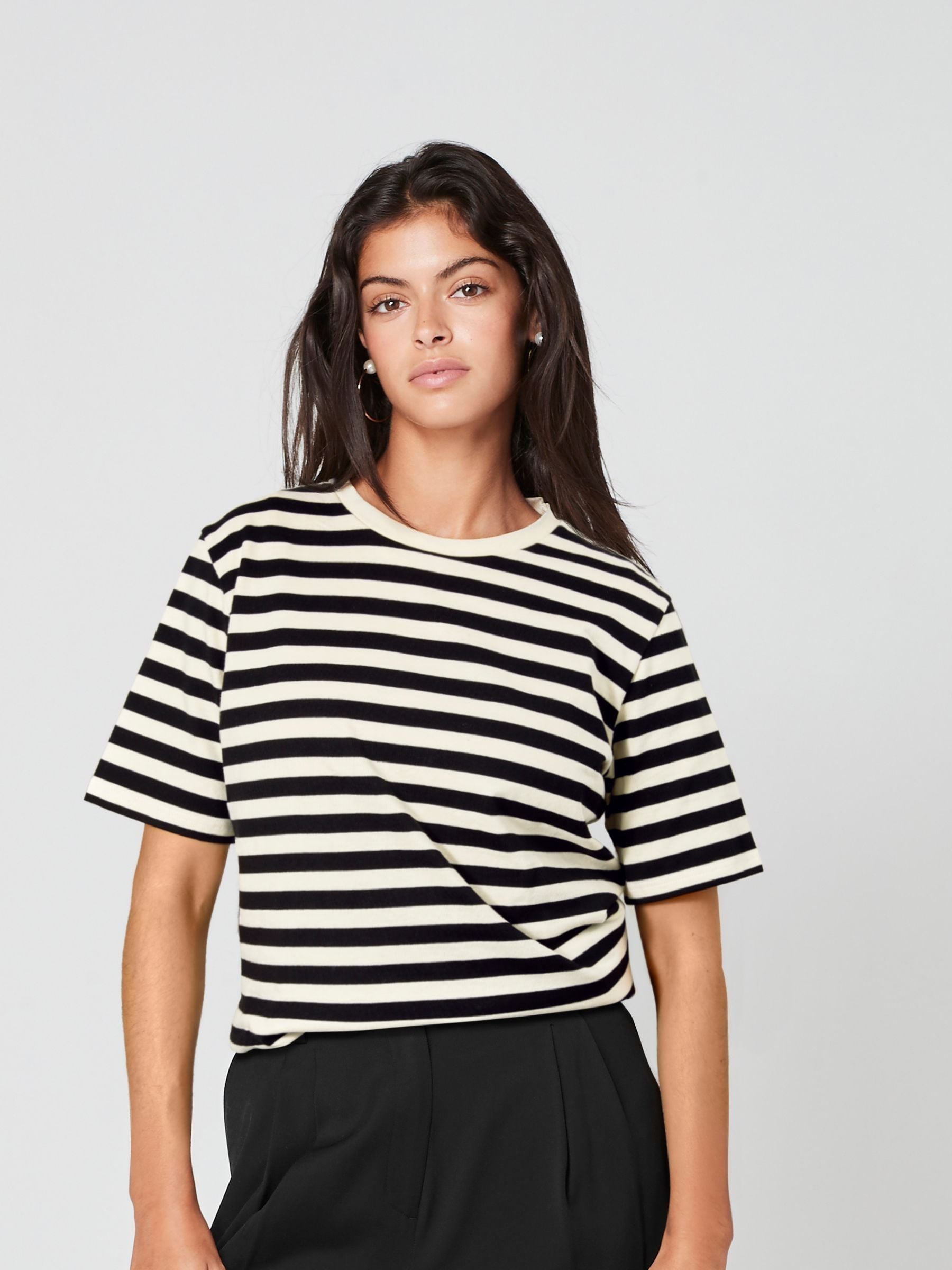 Black/Ecru White Stripe Heavyweight Short Sleeve Crew Neck T-Shirt