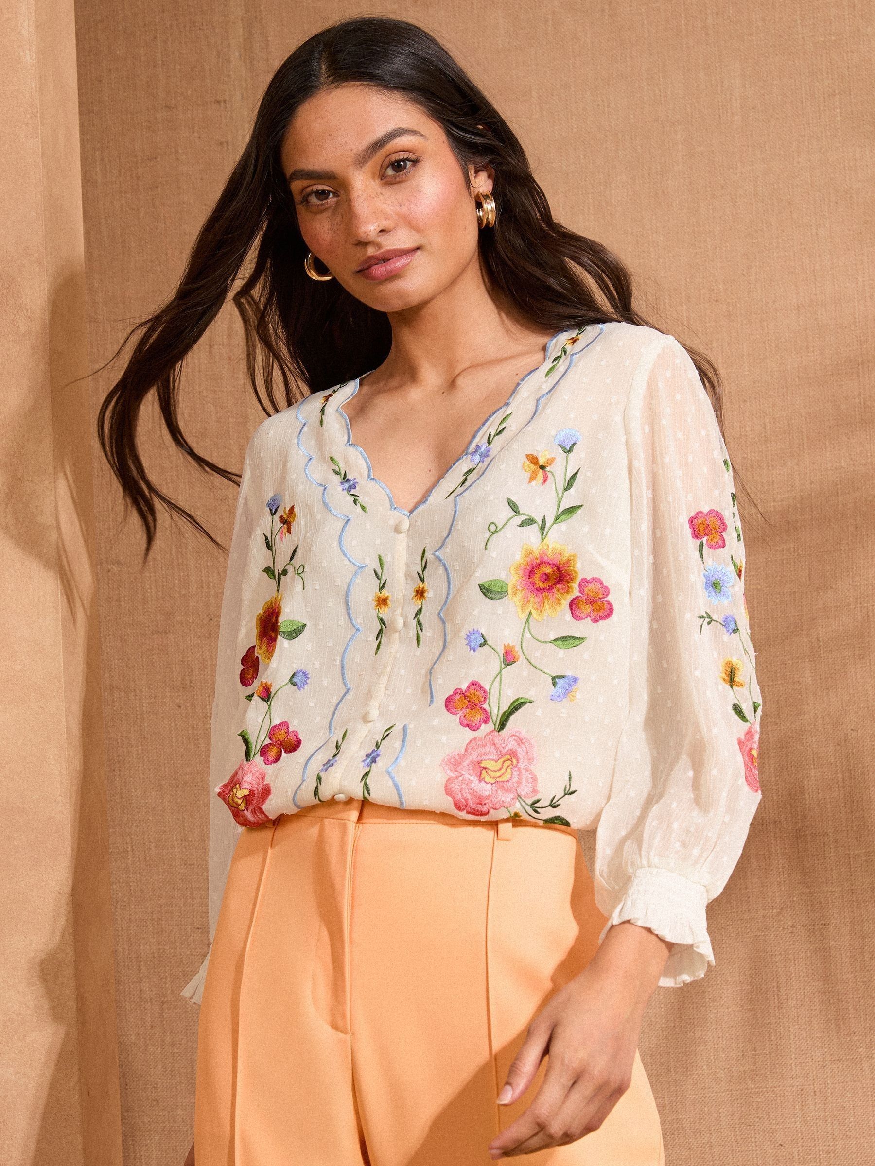 Love & Roses Ivory Embroidered Scallop Detail Long Sleeve Blouse