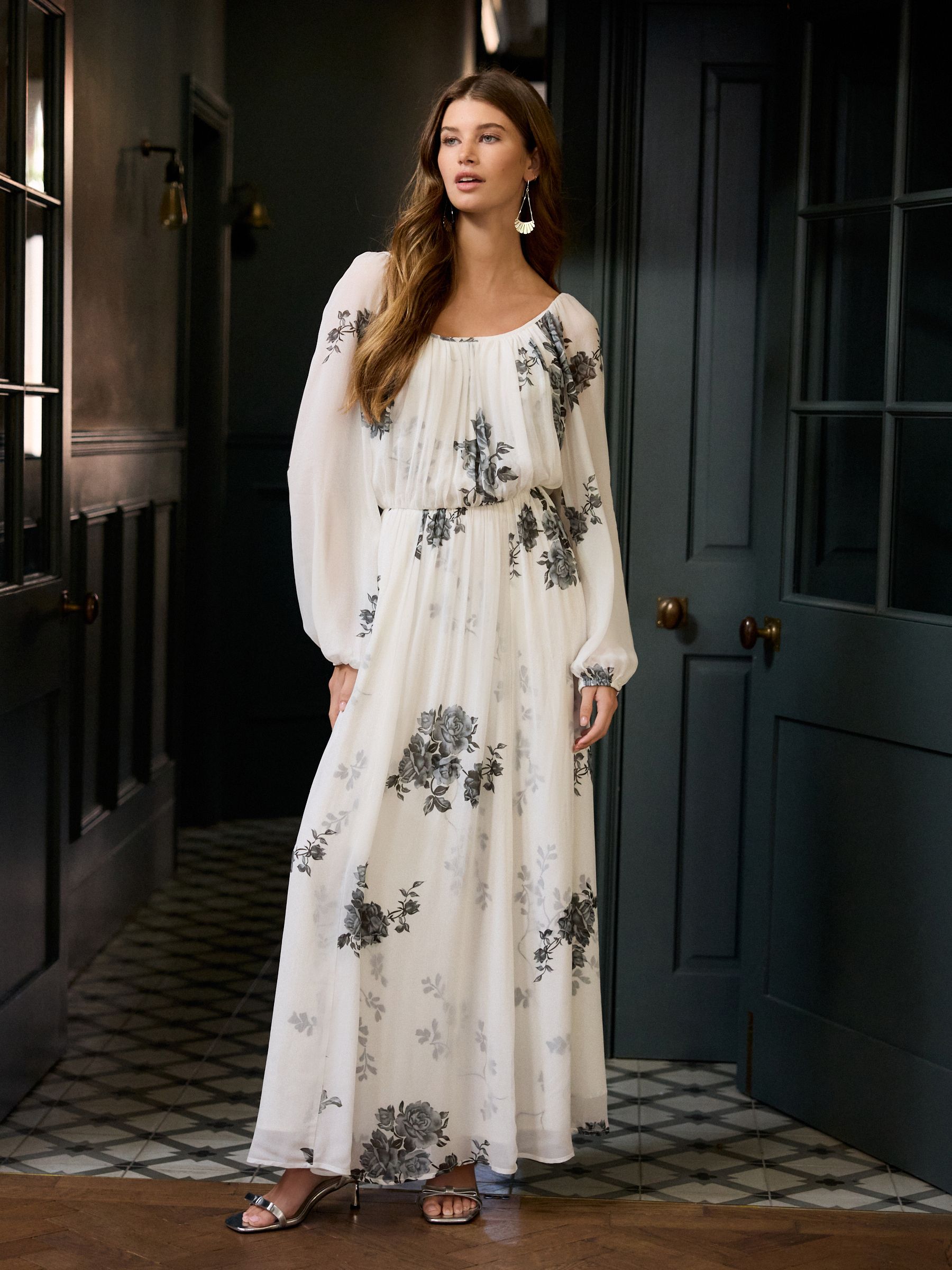 White/Black Floral Long Sleeve Pleated Maxi Dress