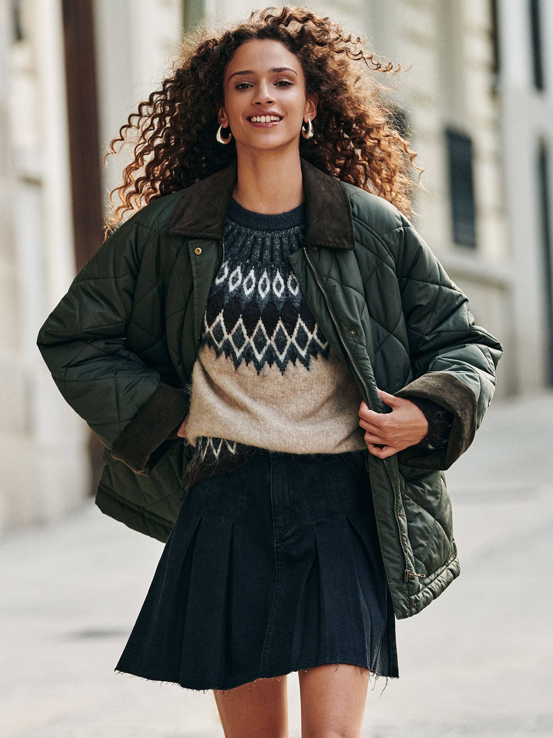 Khaki Green Quilted Corduroy Collar Shower Resistant Jacket