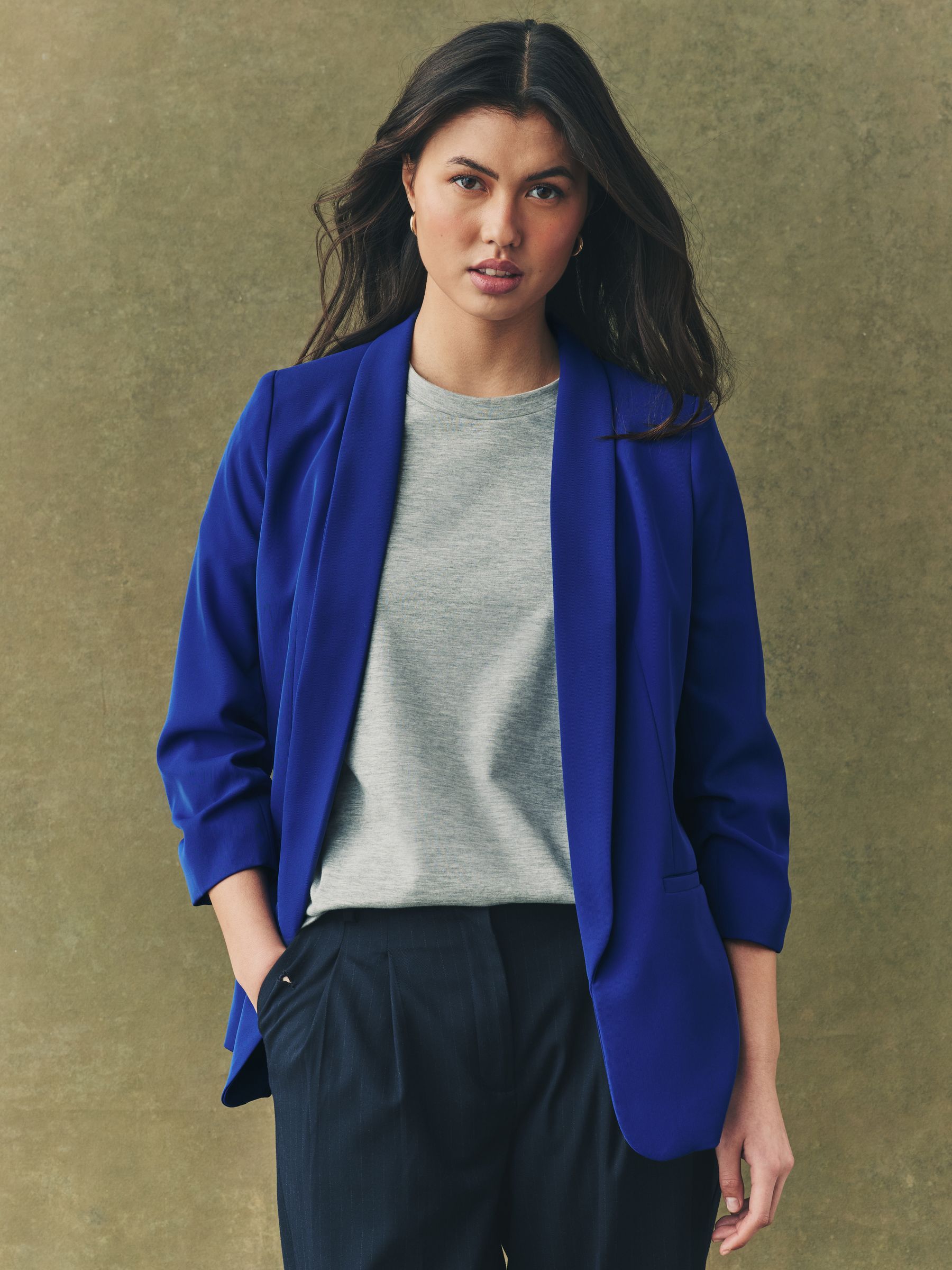 Cobalt Blue Relaxed Ruched Sleeve Blazer
