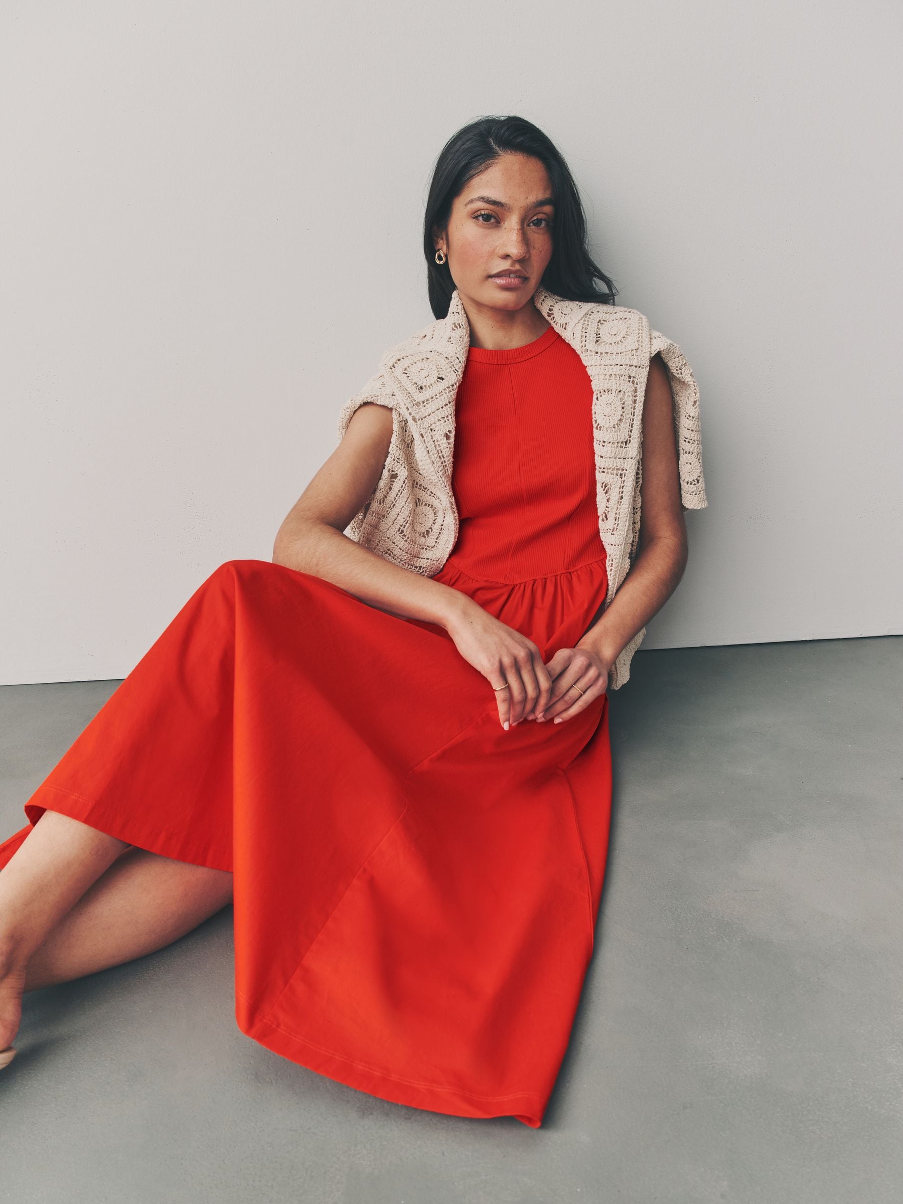 Red Woven Jersey Mix Sleeveless Racer Ribbed Midi Dress