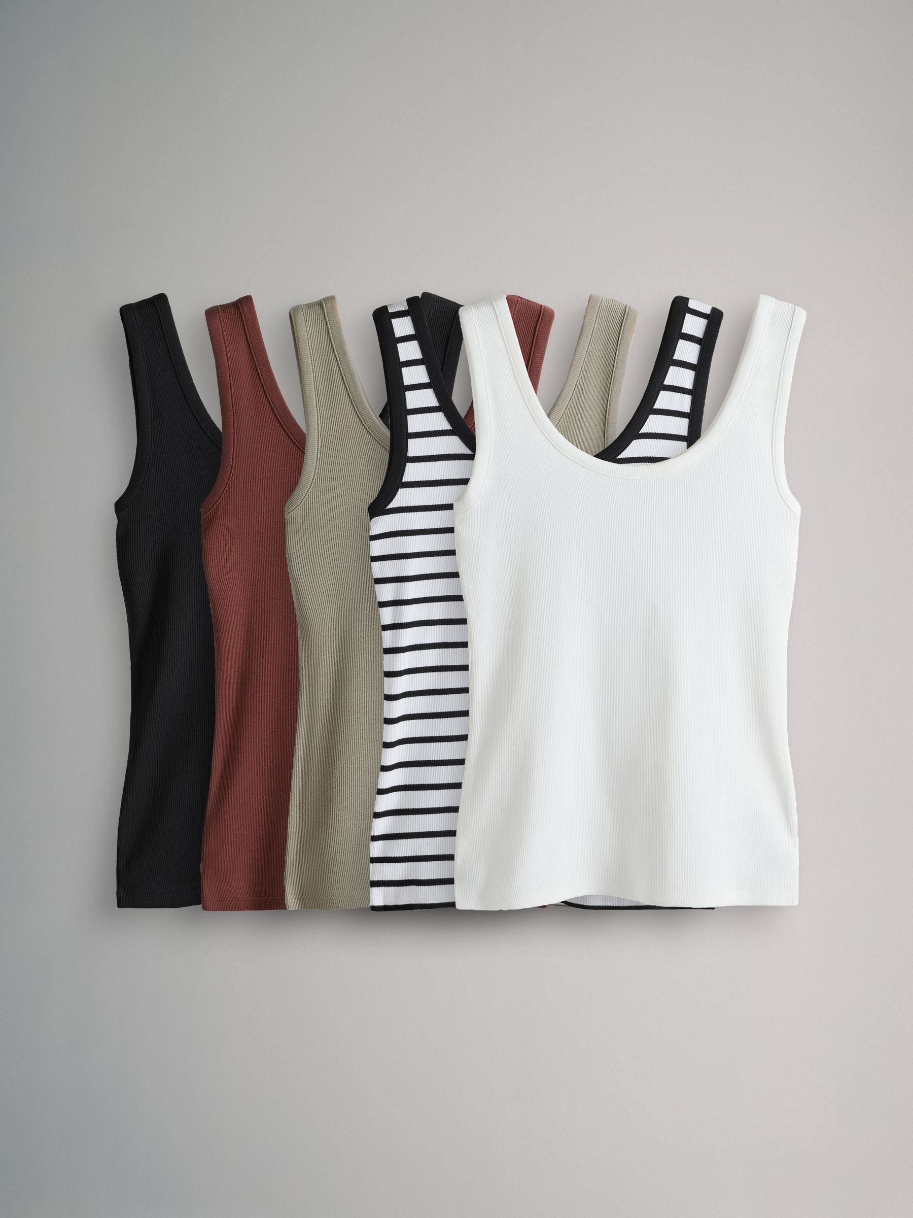 The Set Khaki Green/Burgundy Red/Cream/Black/Stripe 5 Pack Ribbed Scoop Neck Vests