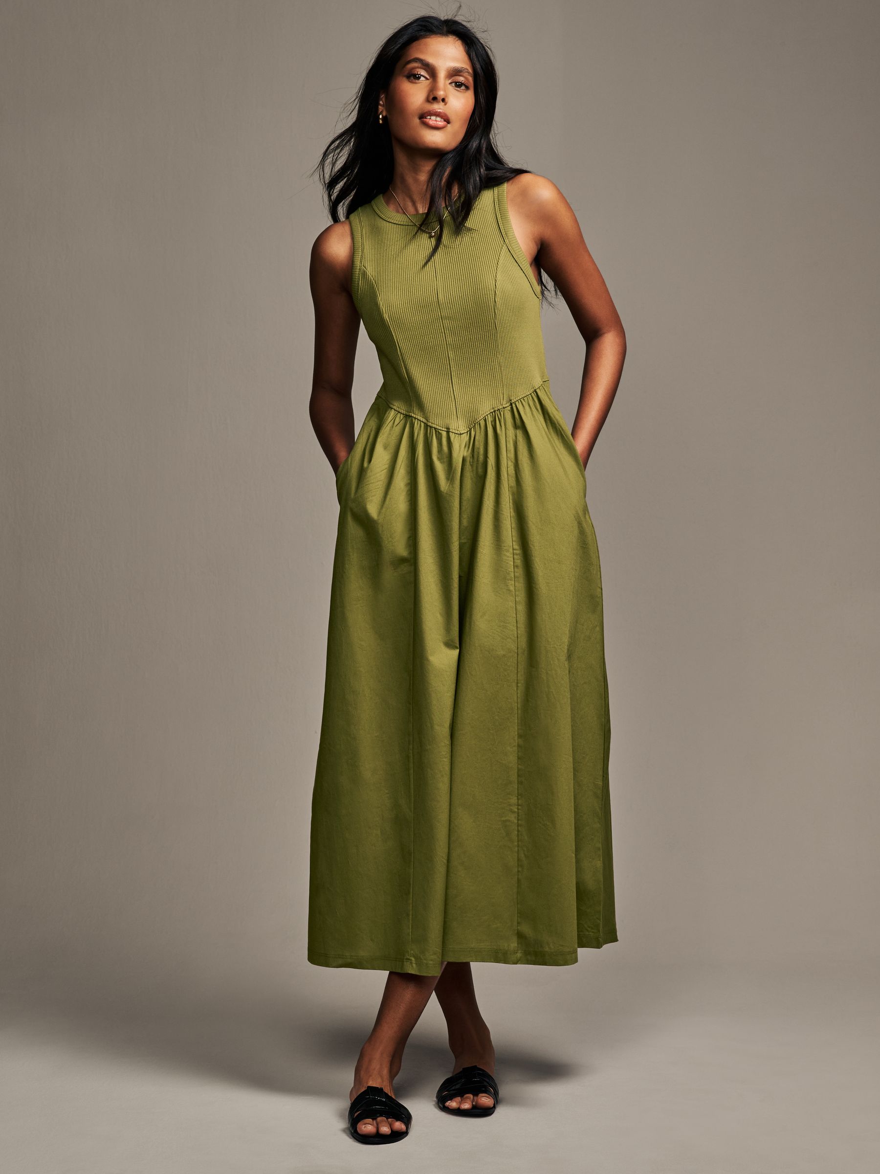 Khaki Green Woven Jersey Mix Sleeveless Racer Ribbed Midi Dress