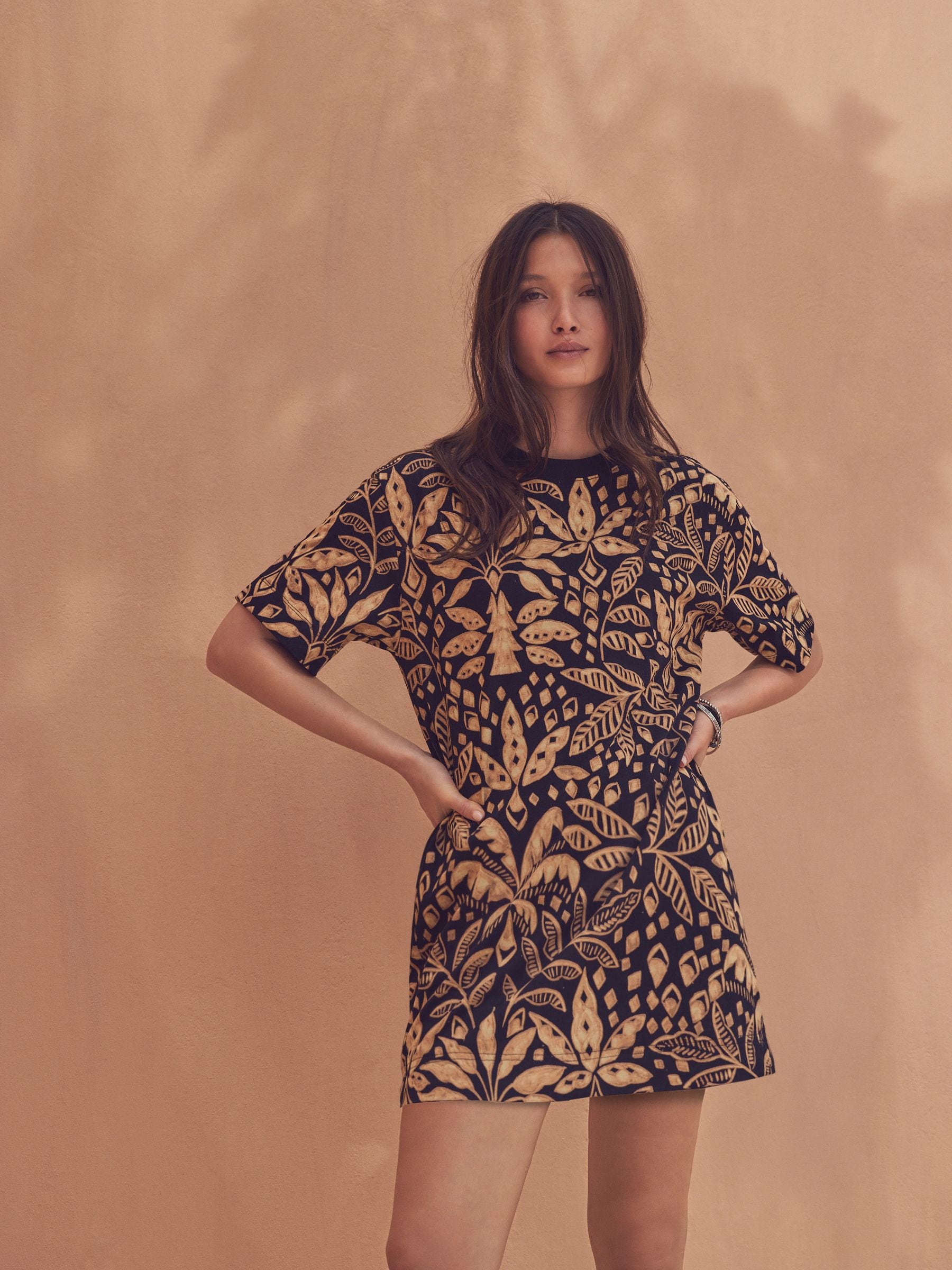 Palm Tree Print Black/Brown 100% Cotton T-Shirt Dress