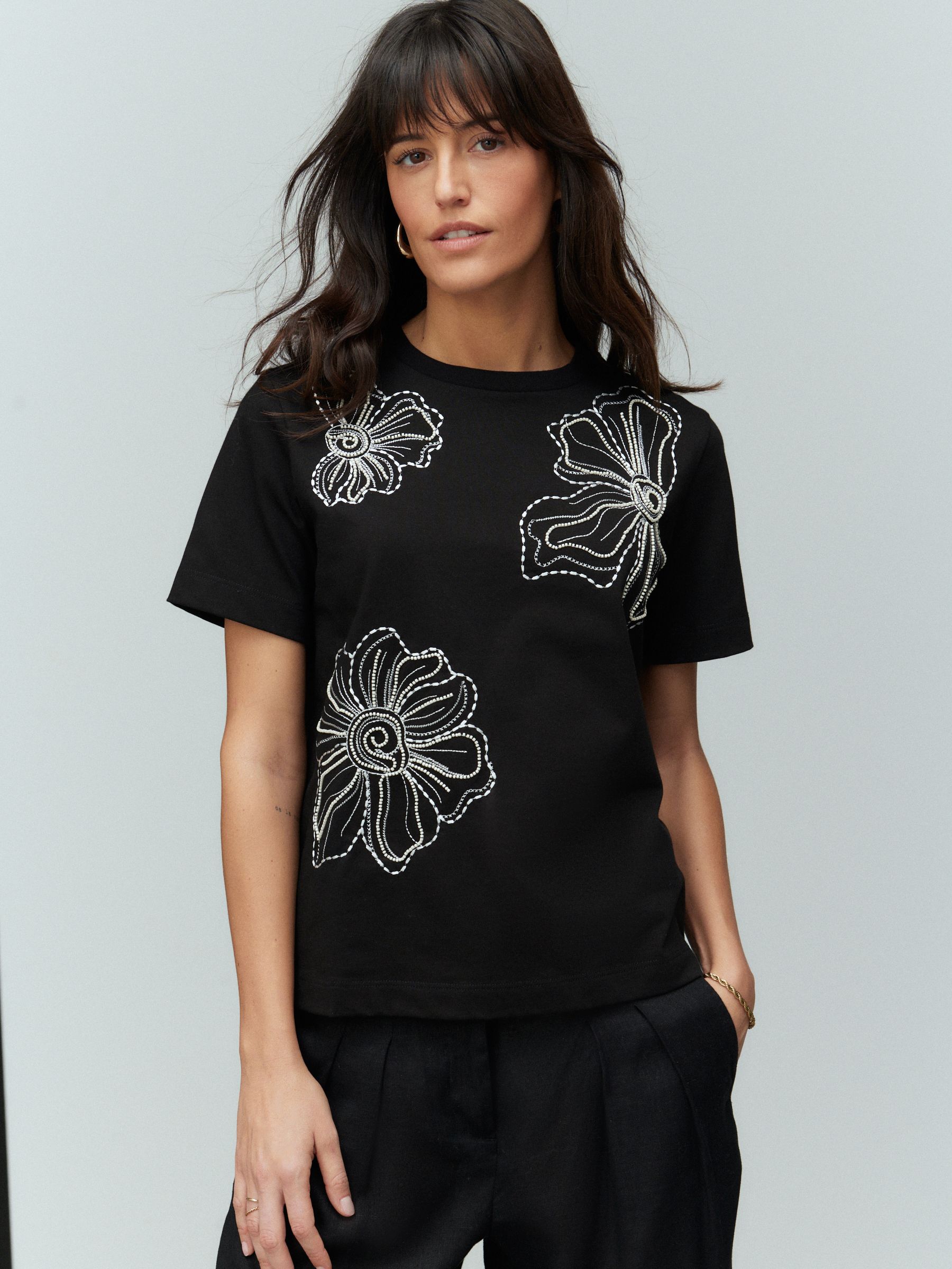 Black Beaded Floral Embelished 100% Cotton T-Shirt