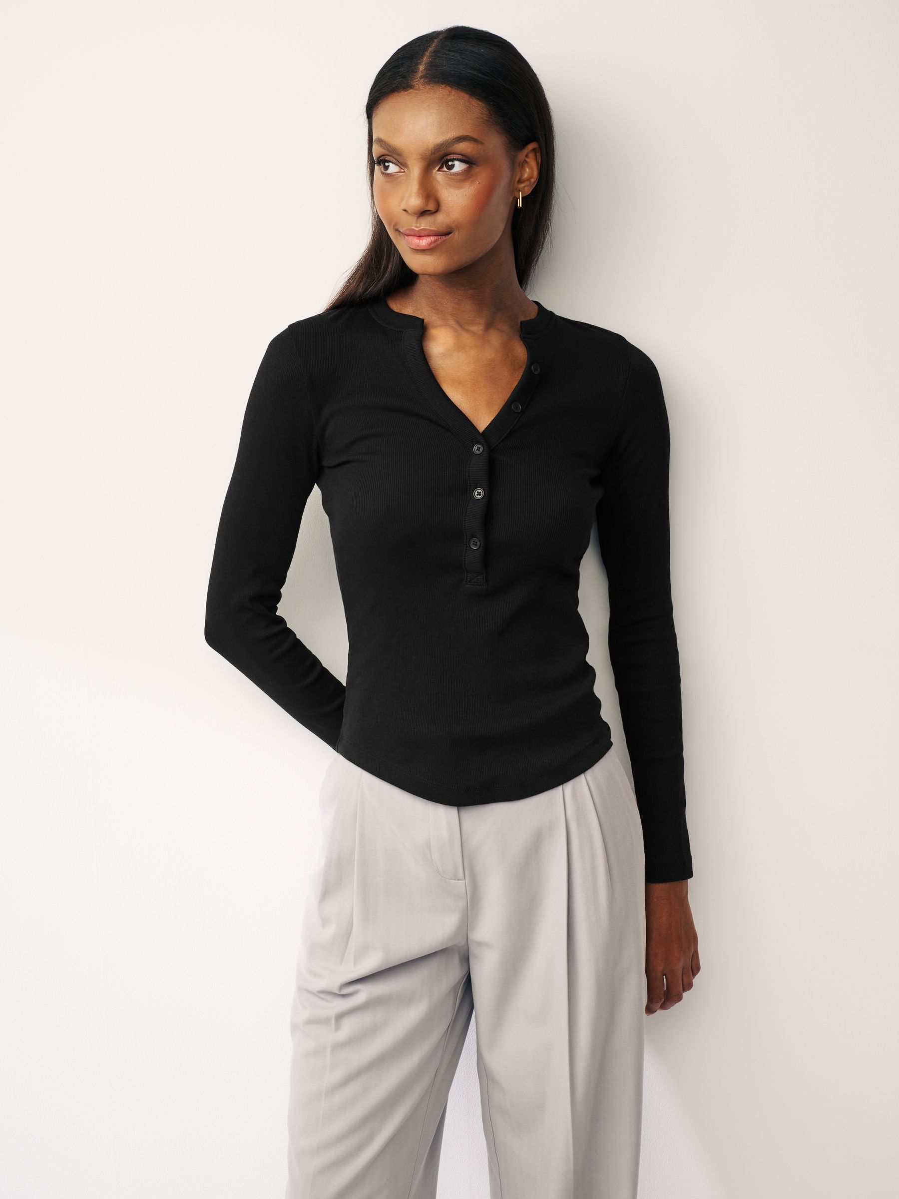 Black Ribbed Button Detail Long Sleeve Henley Top