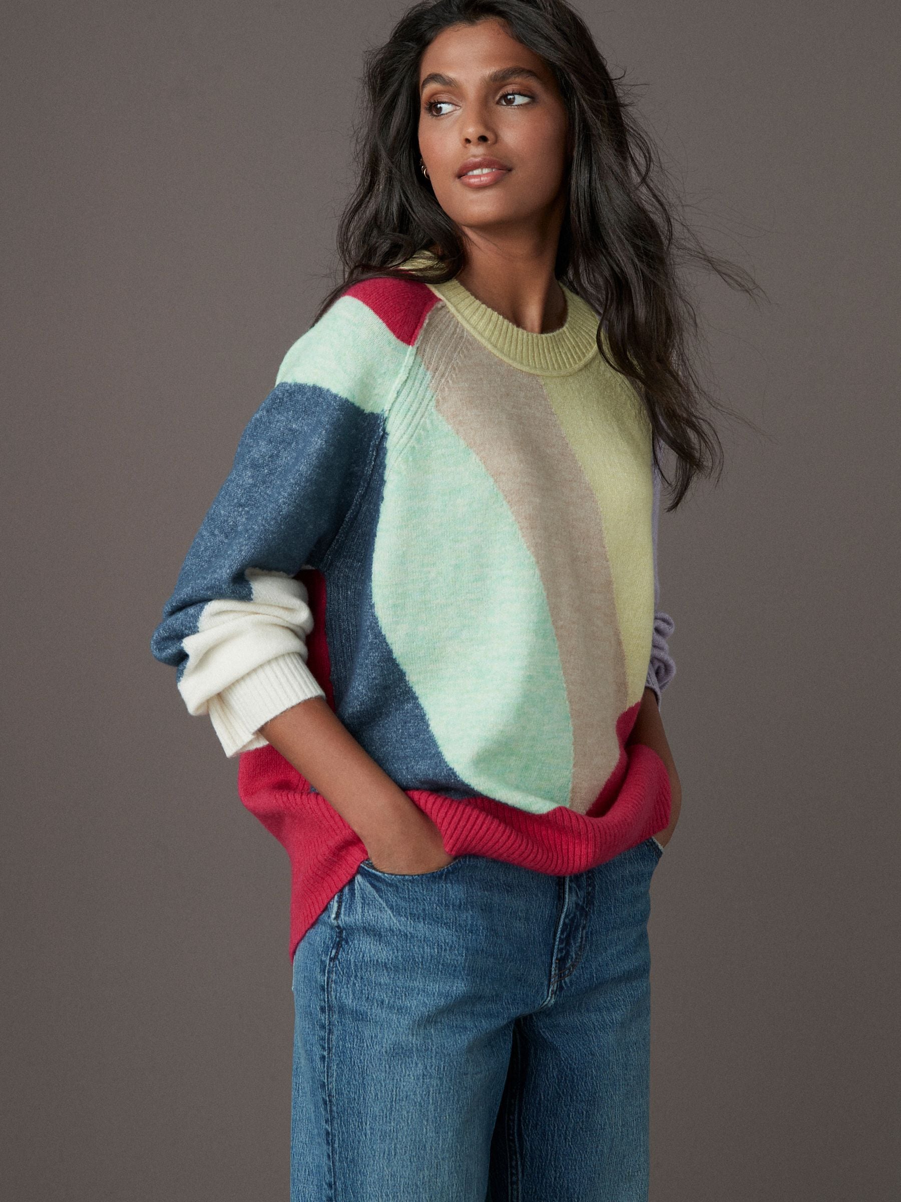 Multi Bright Seam Detail Crew Neck Jumper With Wool