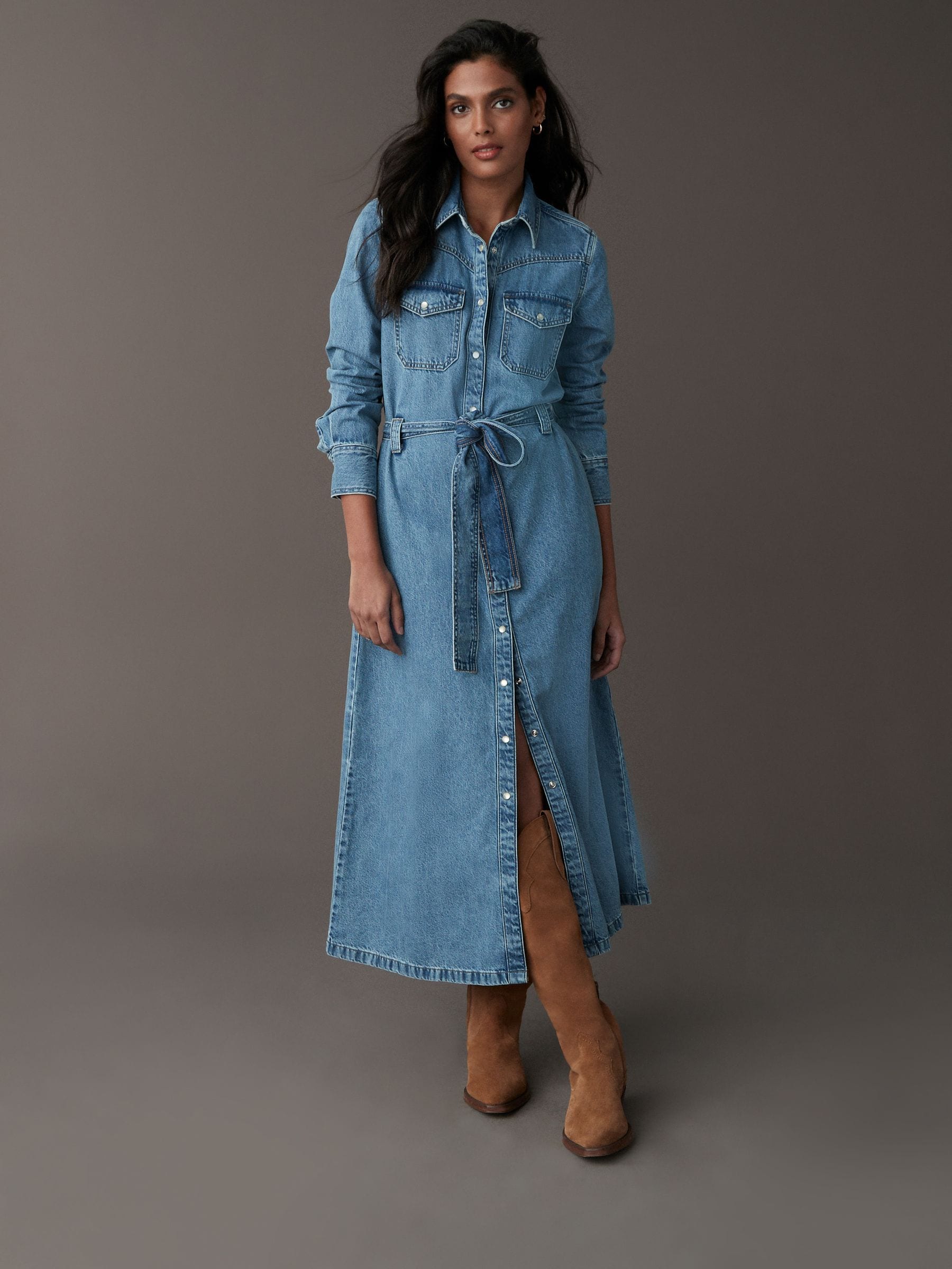 Mid Blue Tiered Seam Front Denim 100% Cotton Midi Dress