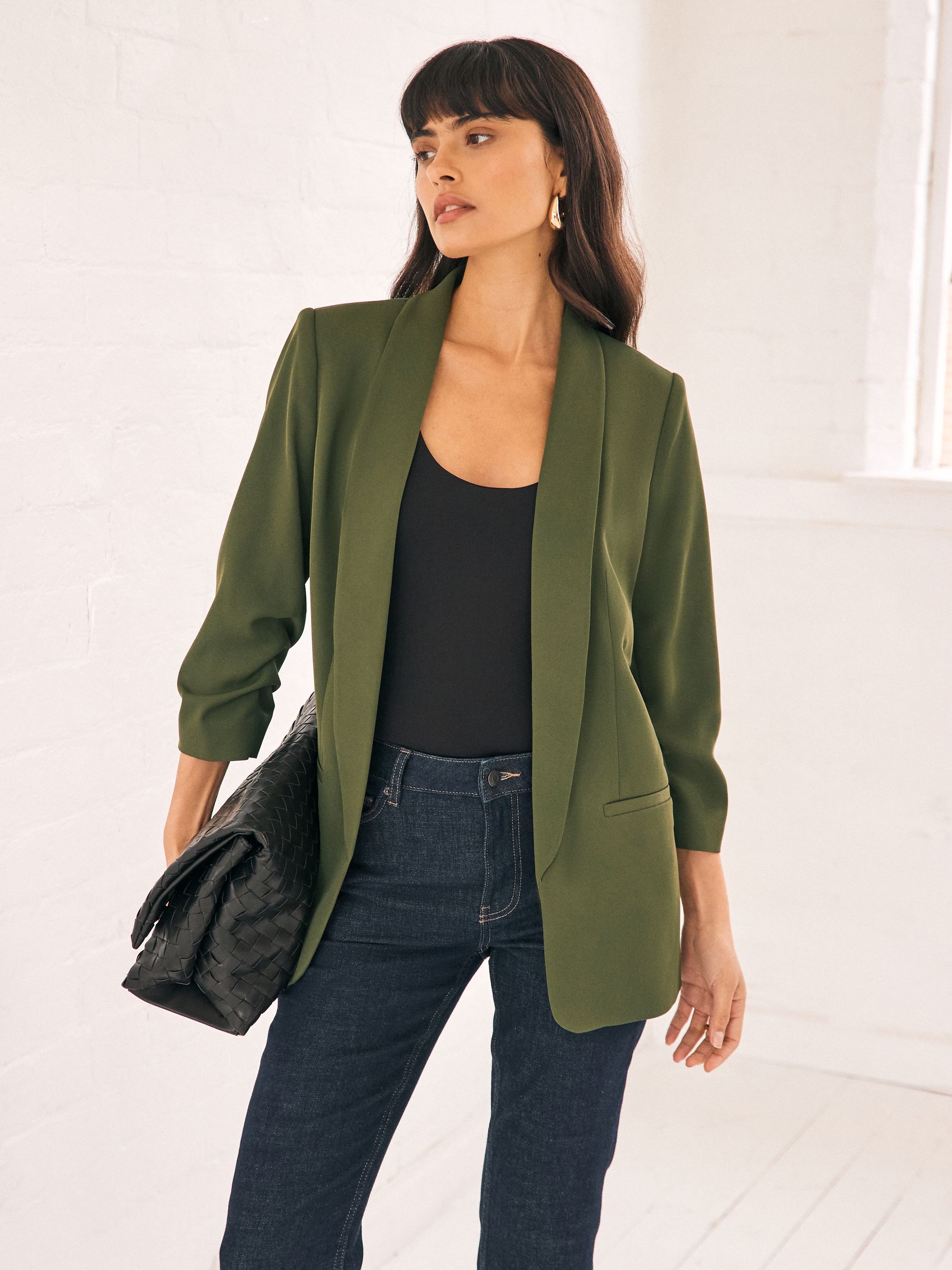 Khaki Green Relaxed Ruched Sleeve Blazer