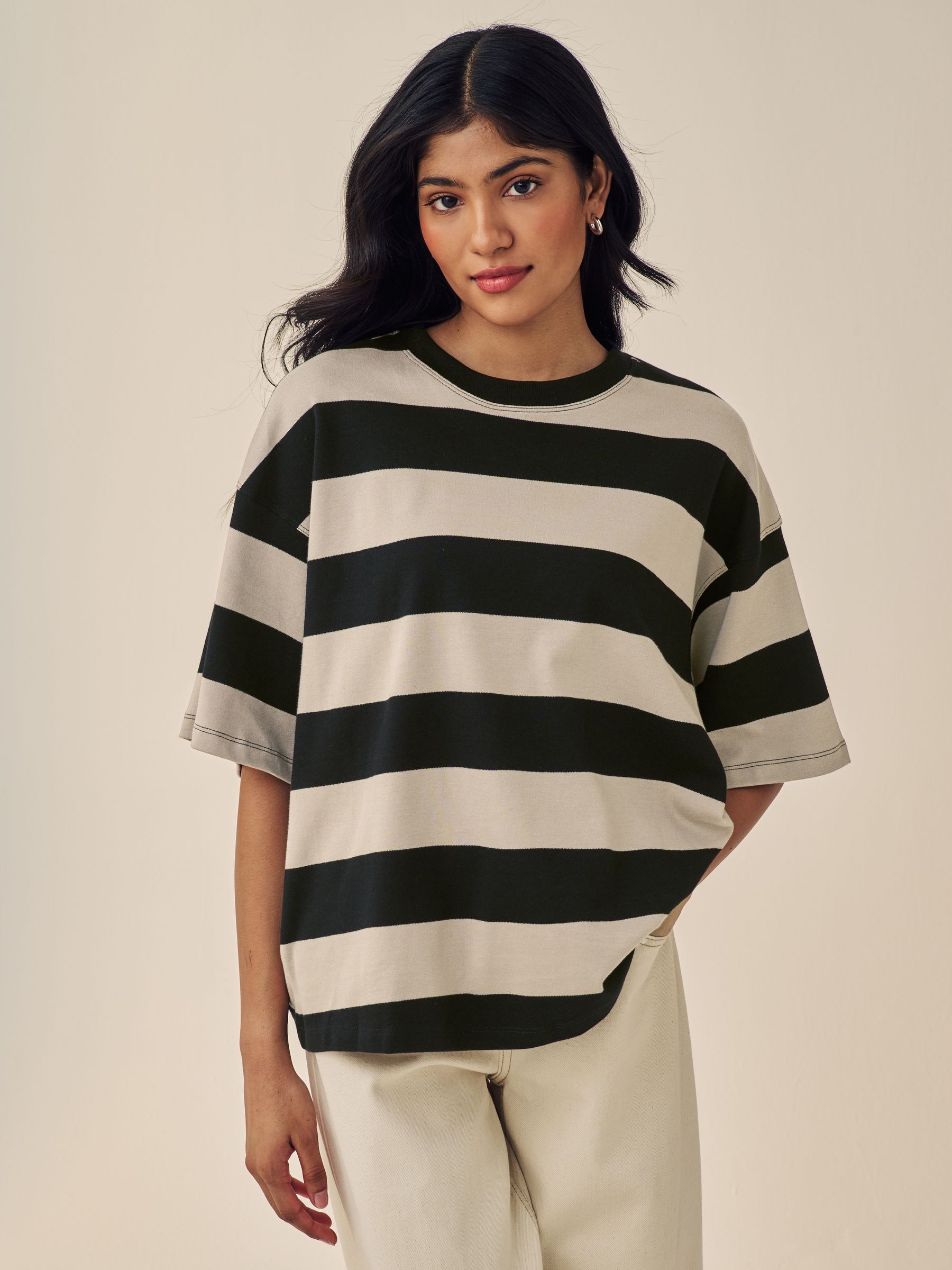 Stone Neutral Stripe Oversized Relaxed Fit 100% Cotton Boxy Heavyweight Crew Neck T-Shirt