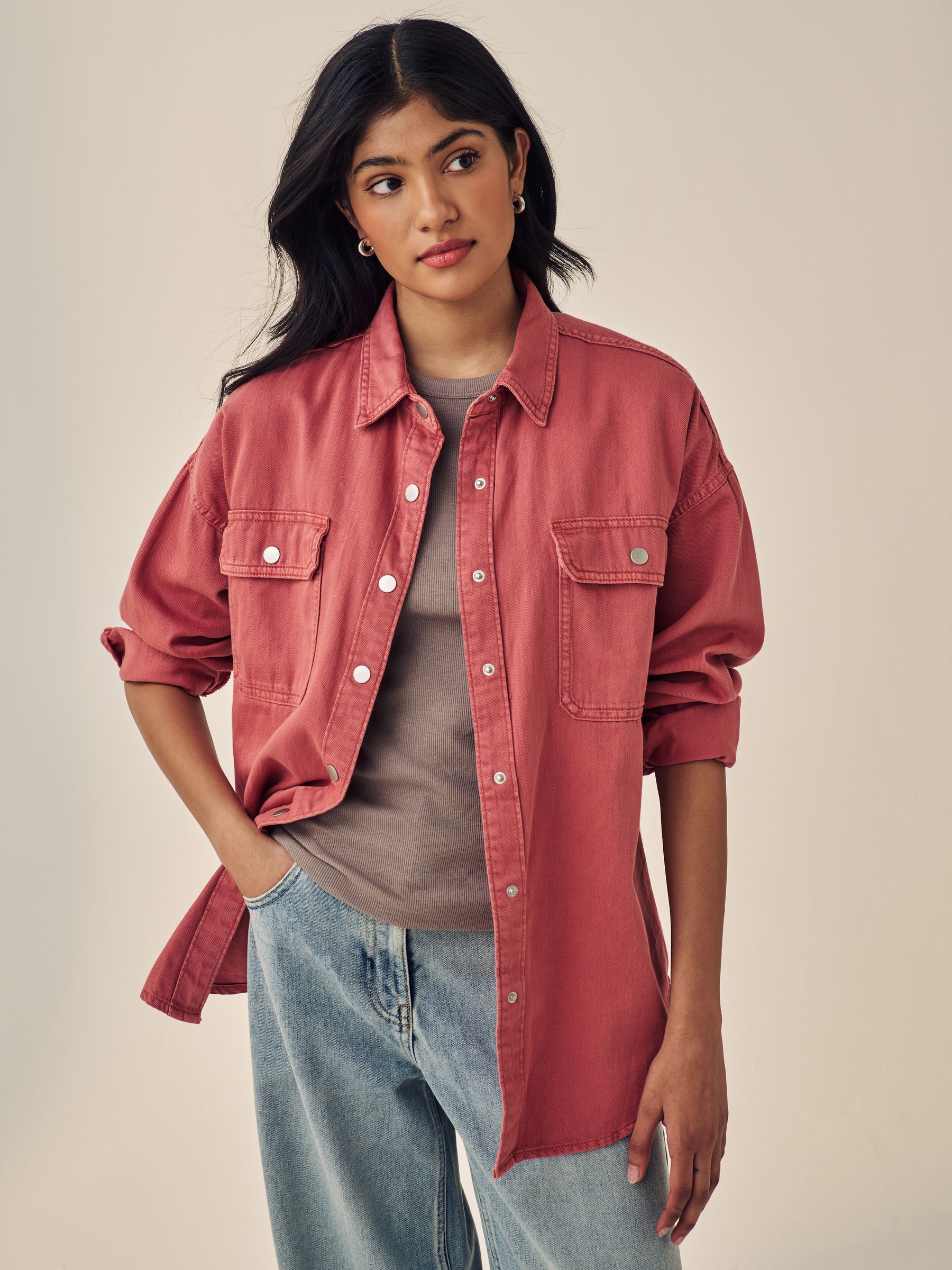 Rose Pink Print Oversized Denim 100% Cotton Shirt