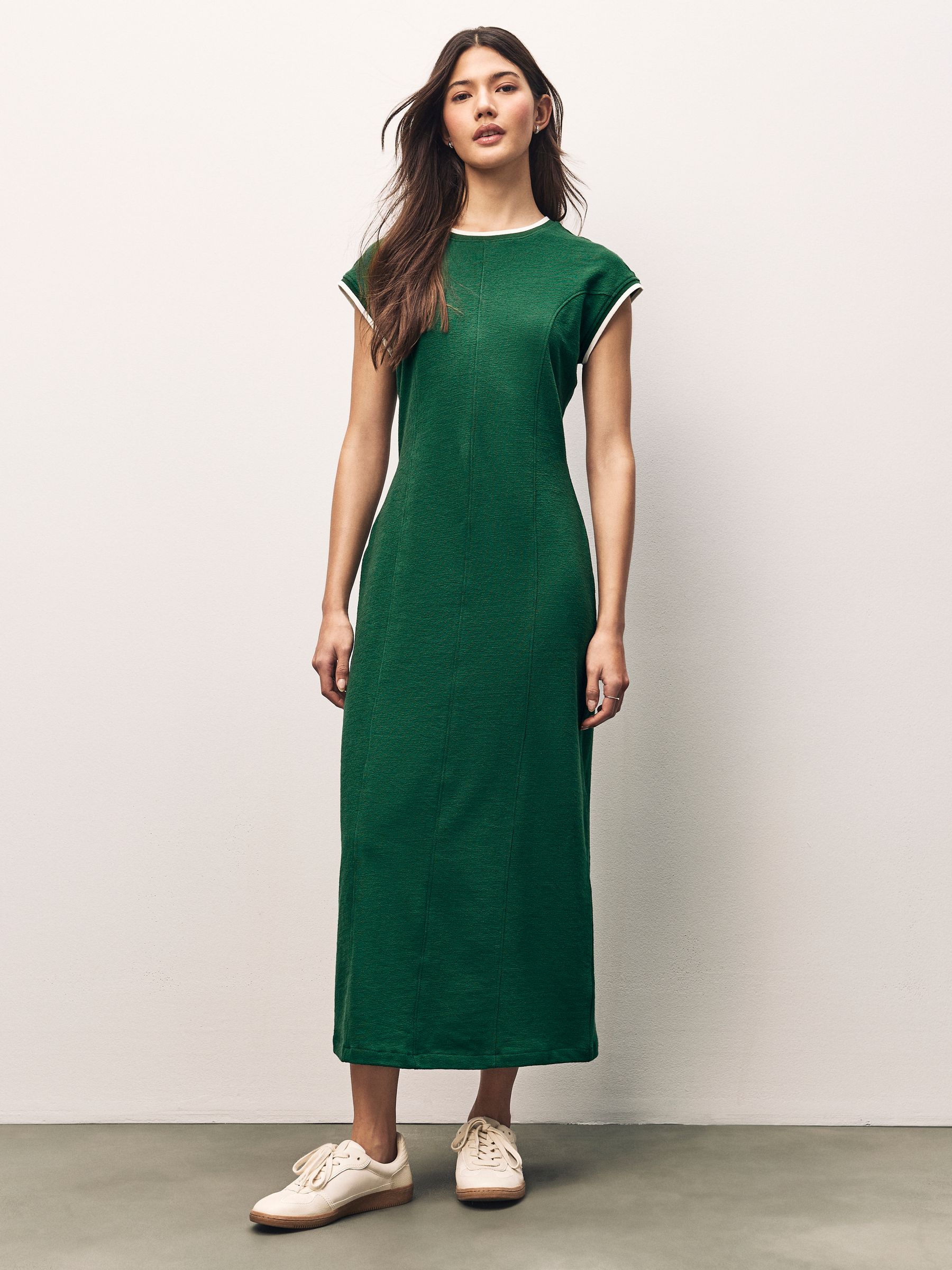 Pine Green 100% Cotton Short Sleeve Tipped Jersey Midi Dress
