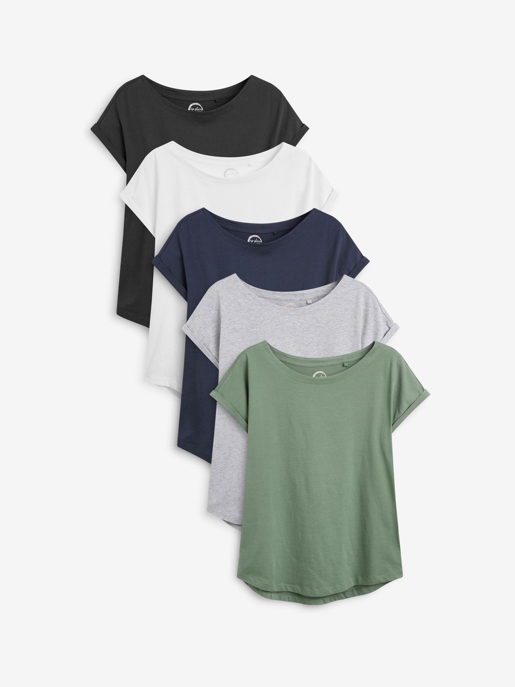 Grey/White/Black/Navy Blue/Khaki Green Cap Sleeve 100% Cotton T-Shirts 5 Pack