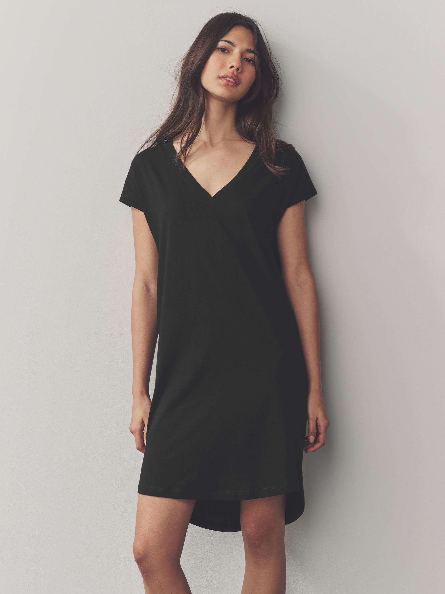 Black 100% Cotton Cap Sleeve V-Neck Mini Dress