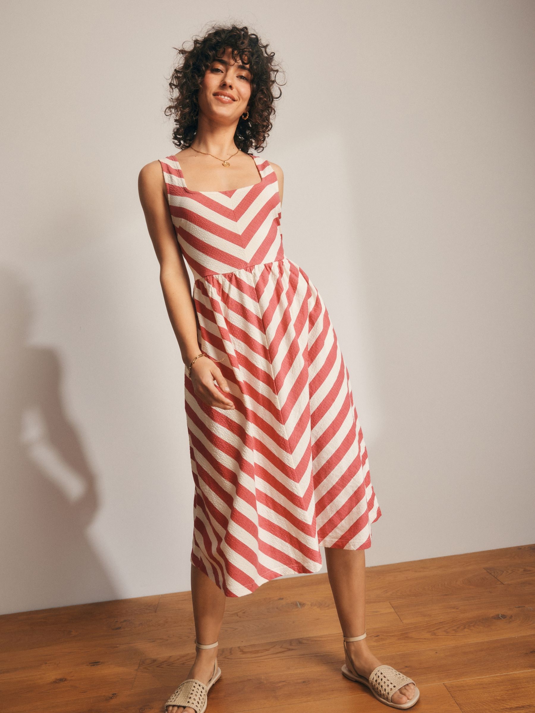 Coral/Ecru Cotton Jersey Midi Summer Dress