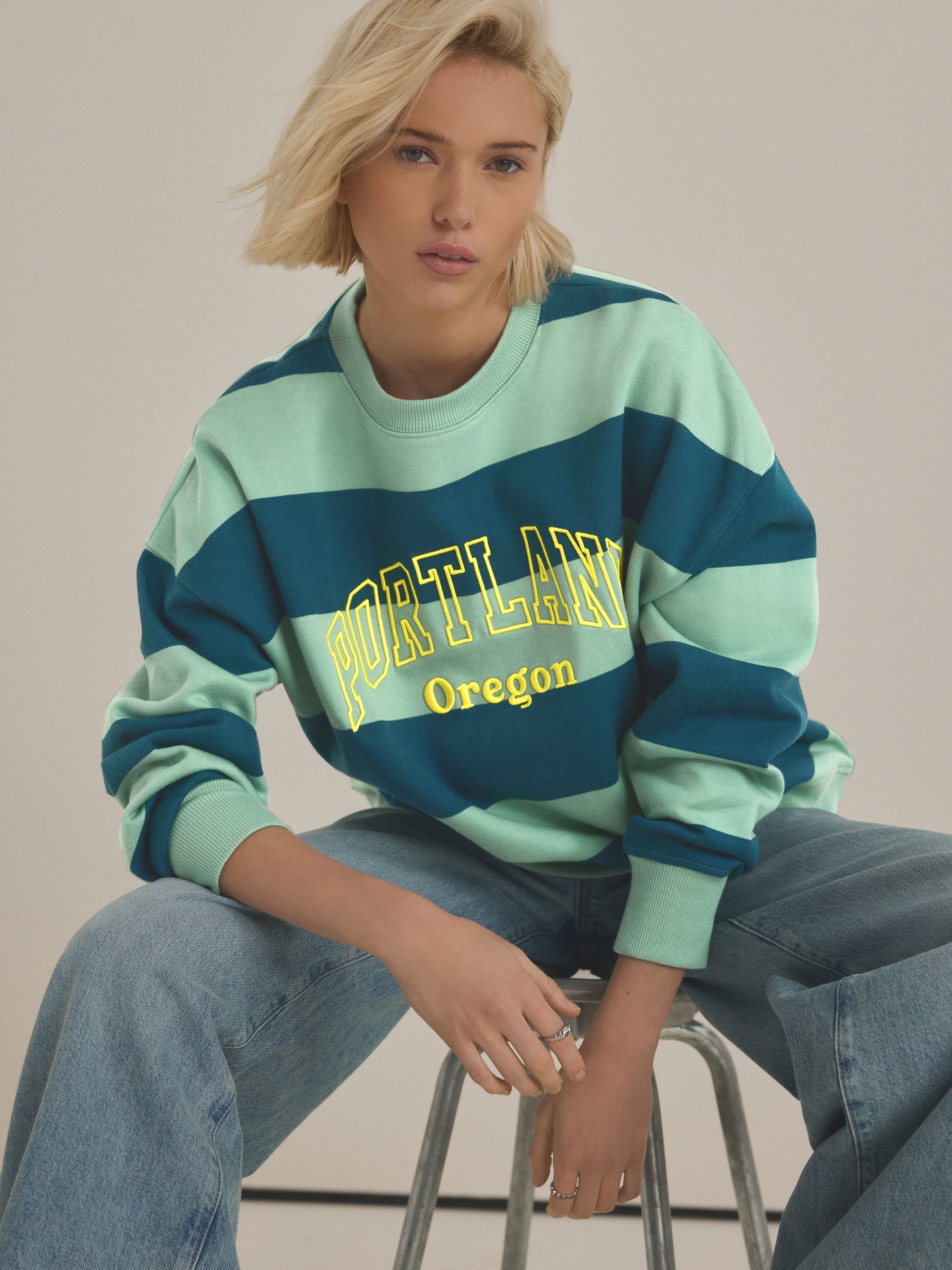 Green Relaxed Fit Heavyweight City Graphic Stripe Crew Neck Sweatshirt