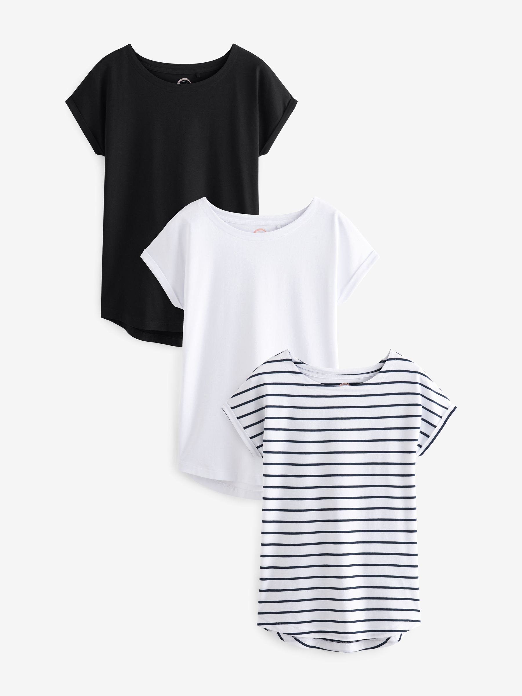 Black/White/Stripe Cap Sleeve 100% Cotton T-Shirts 3 Pack