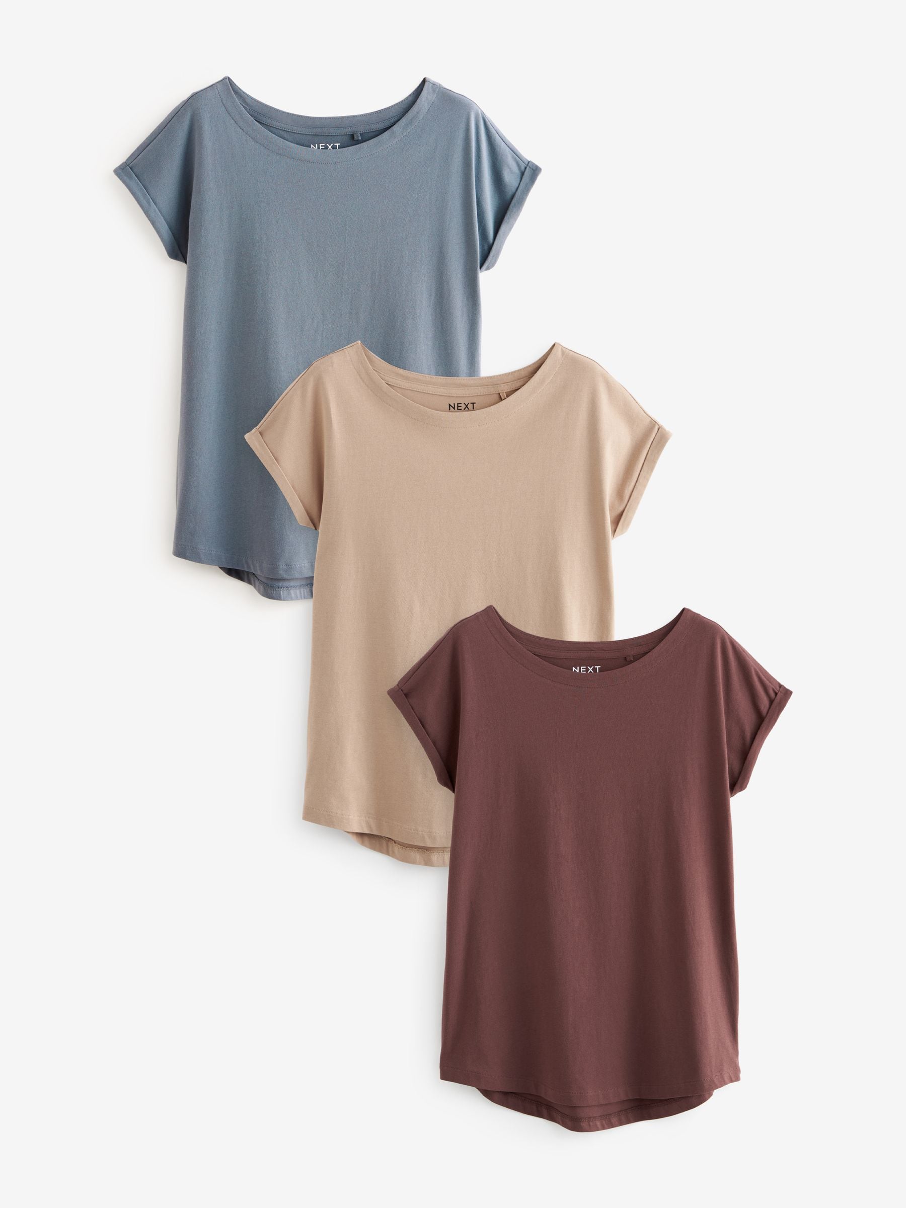 Blue/Brown/Neutral Cap Sleeve 100% Cotton T-Shirts 3 Pack