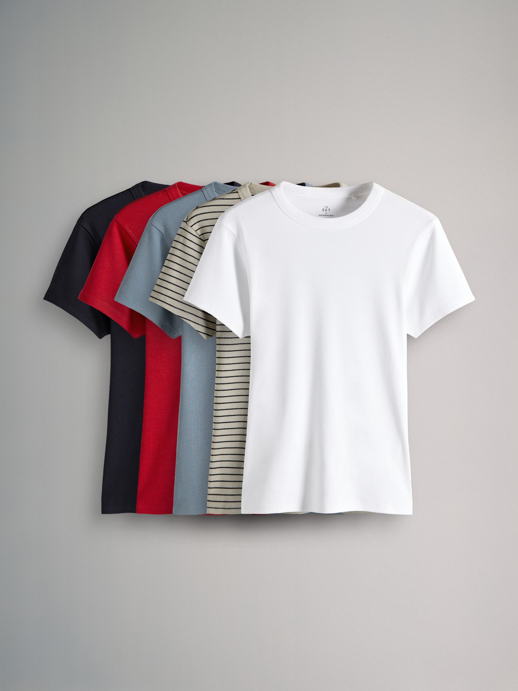 The Set Navy/Washed Blue/White/Red/Navy Stripe 5 Pack Ribbed Short Sleeved T-Shirts