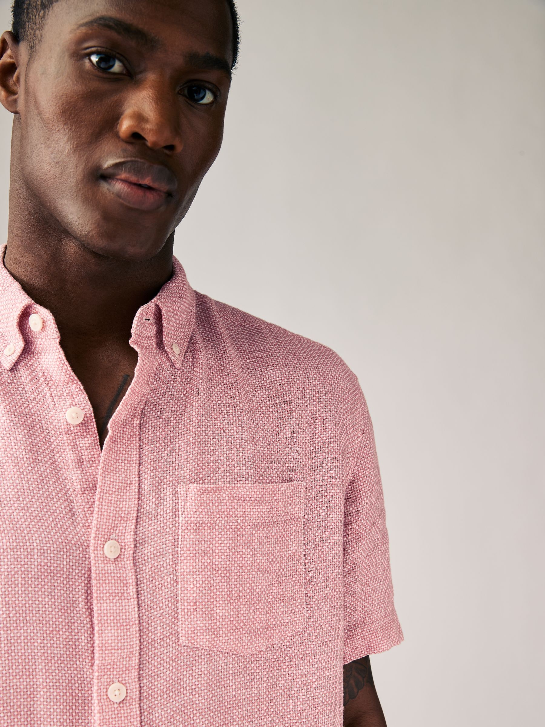 Pink Standard Collar Cotton Linen Blend Short Sleeve Shirt