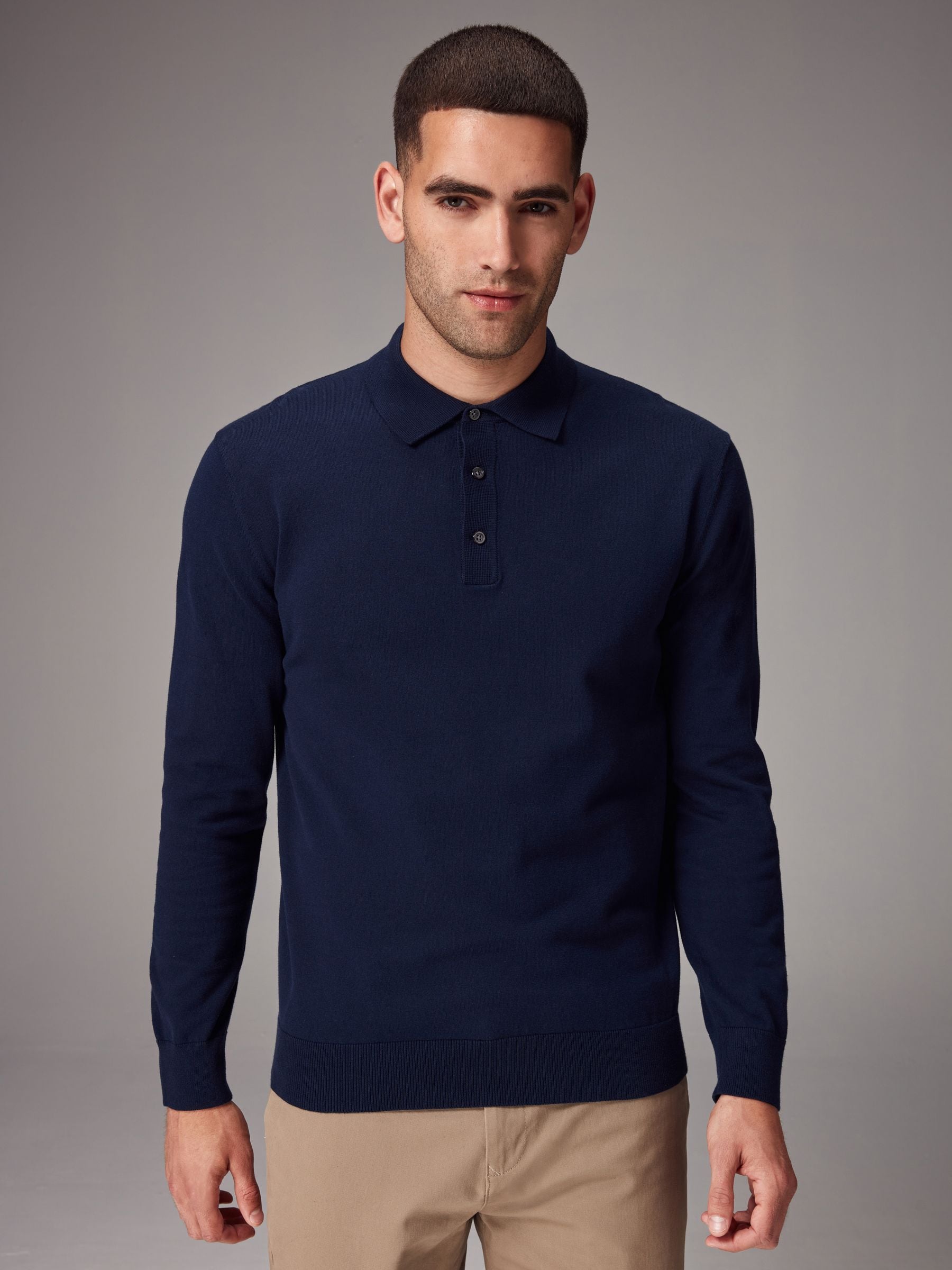 Blue Navy Regular Fit Knitted Long Sleeve Polo Shirt