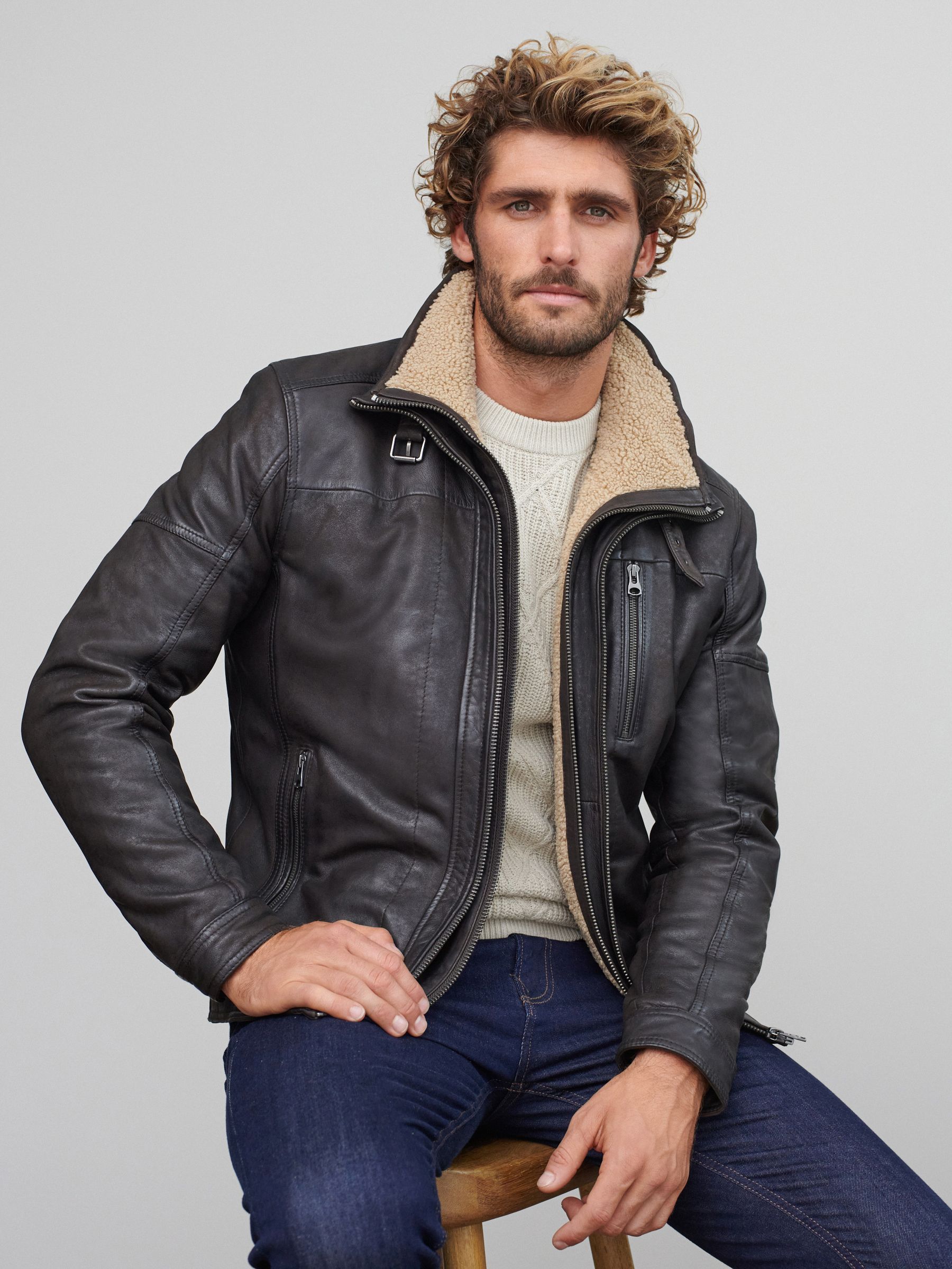 Brown Four Pocket Borg Lined Leather Jacket