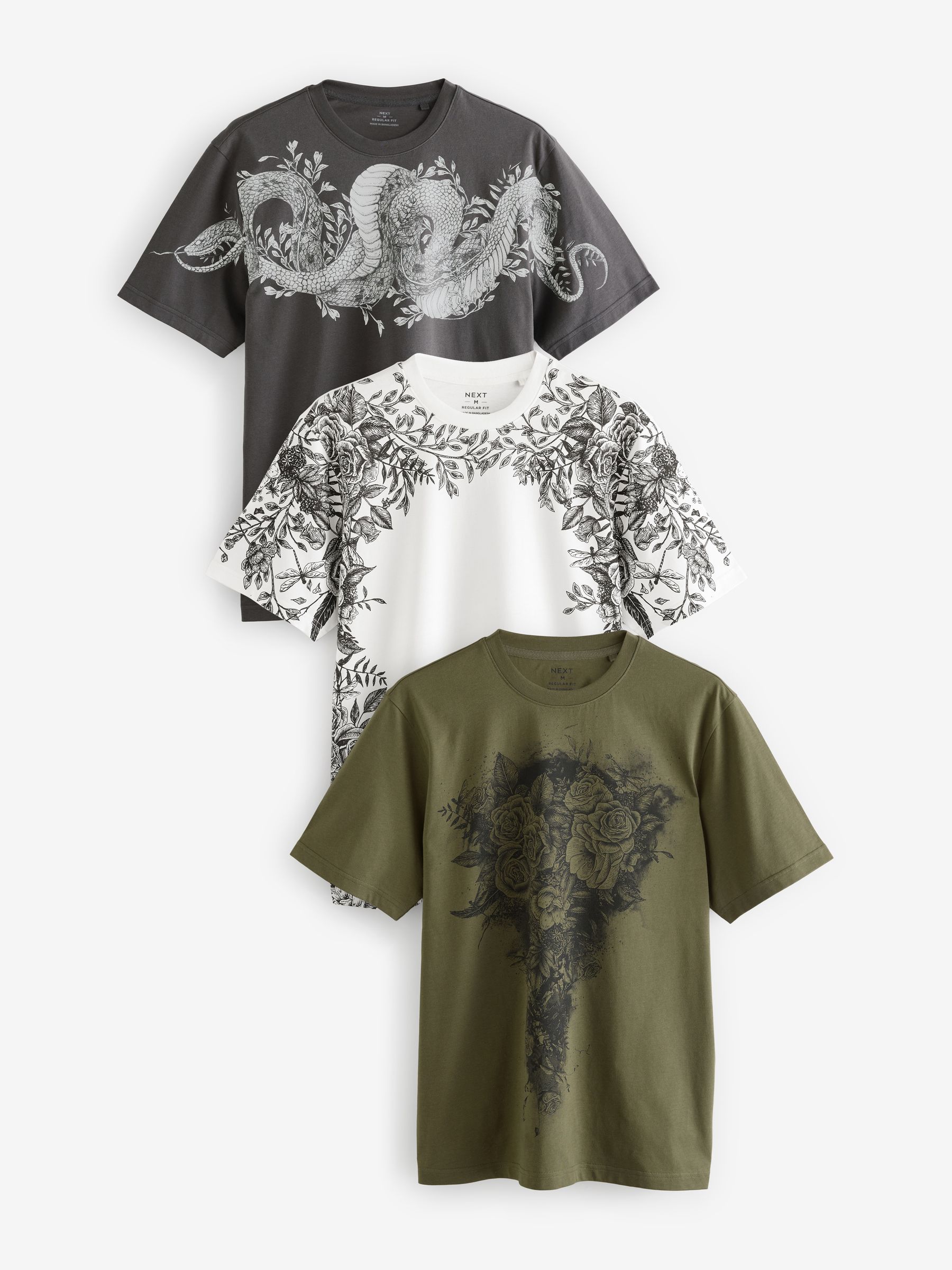 White/Black/Khaki 100% Cotton Graphic Print T-Shirts 3 Pack