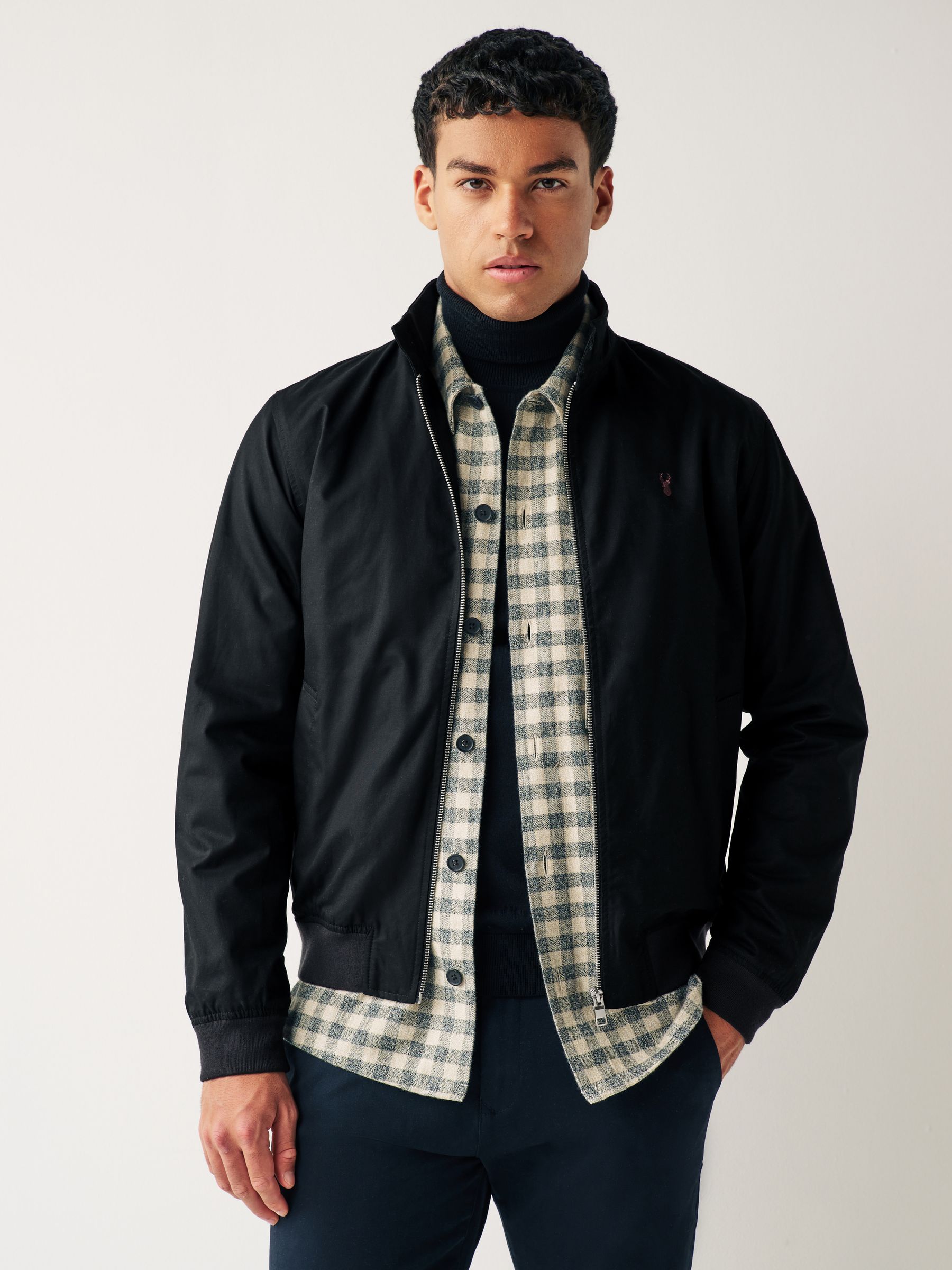 Black Shower Resistant Check Lining Harrington Jacket
