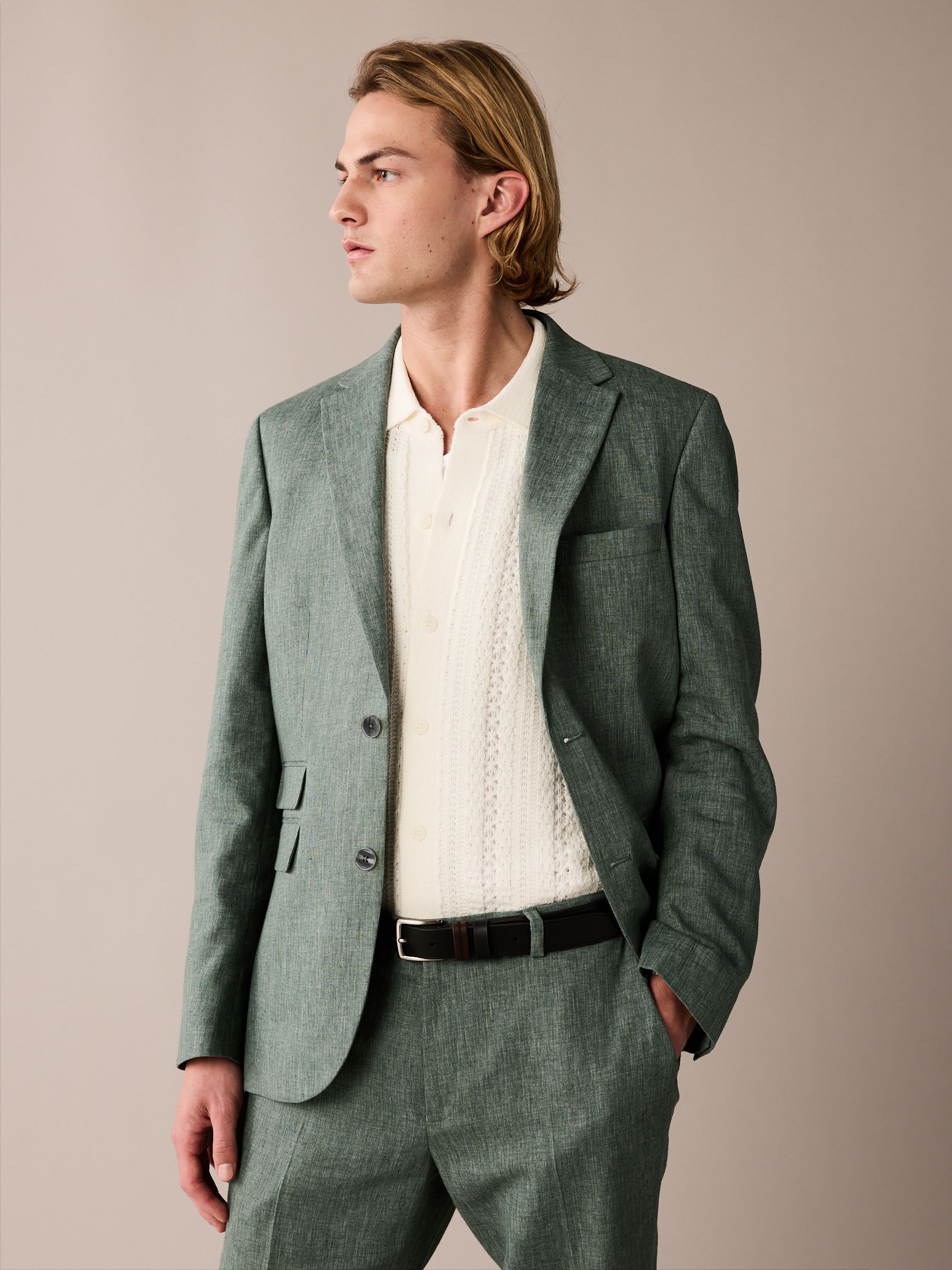 Green Linen Blend Tailored Fit Suit Jacket