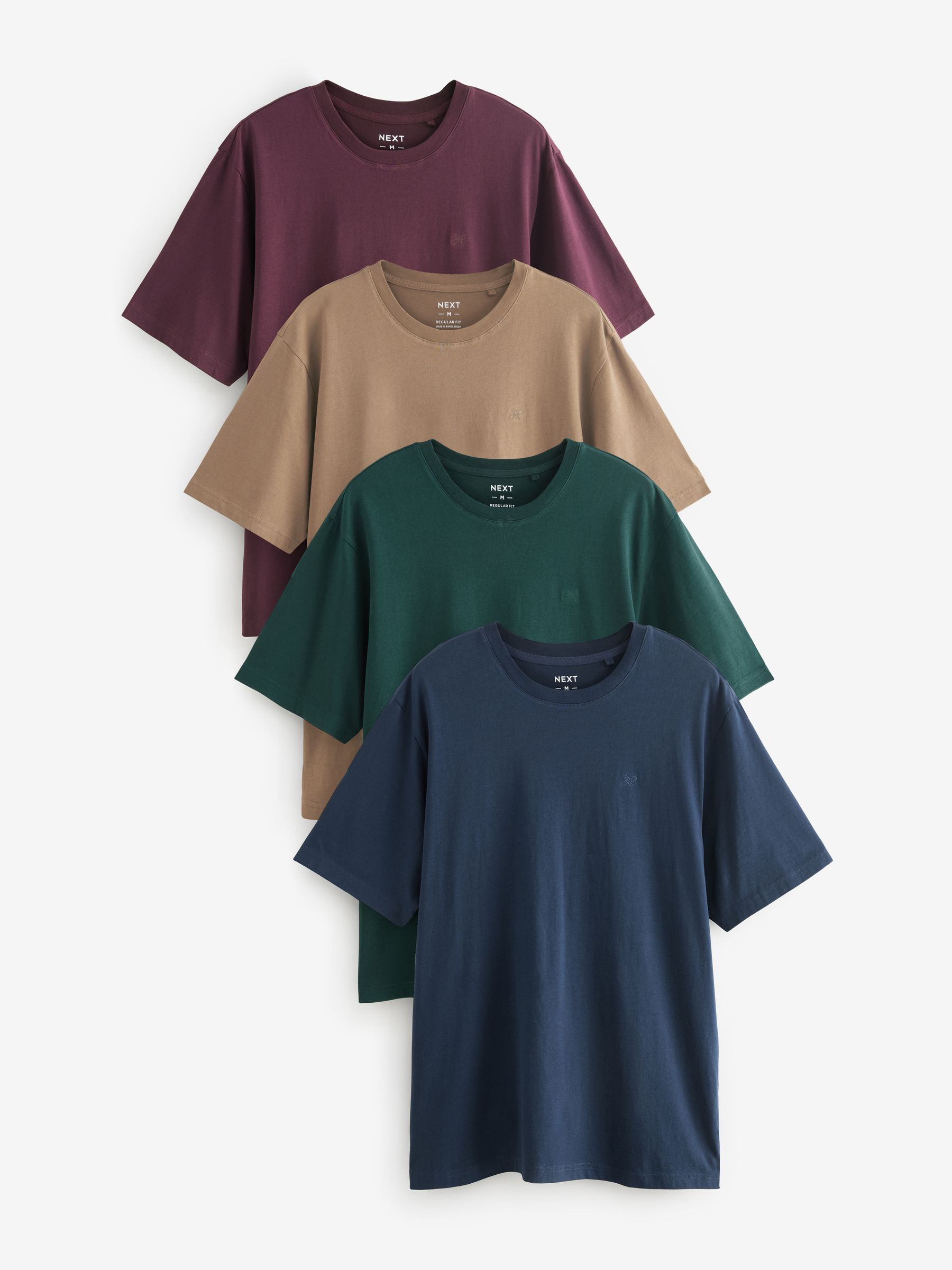 Blue/Green/Burgundy/Tan Regular Fit 100% Cotton T-Shirts 4 Pack