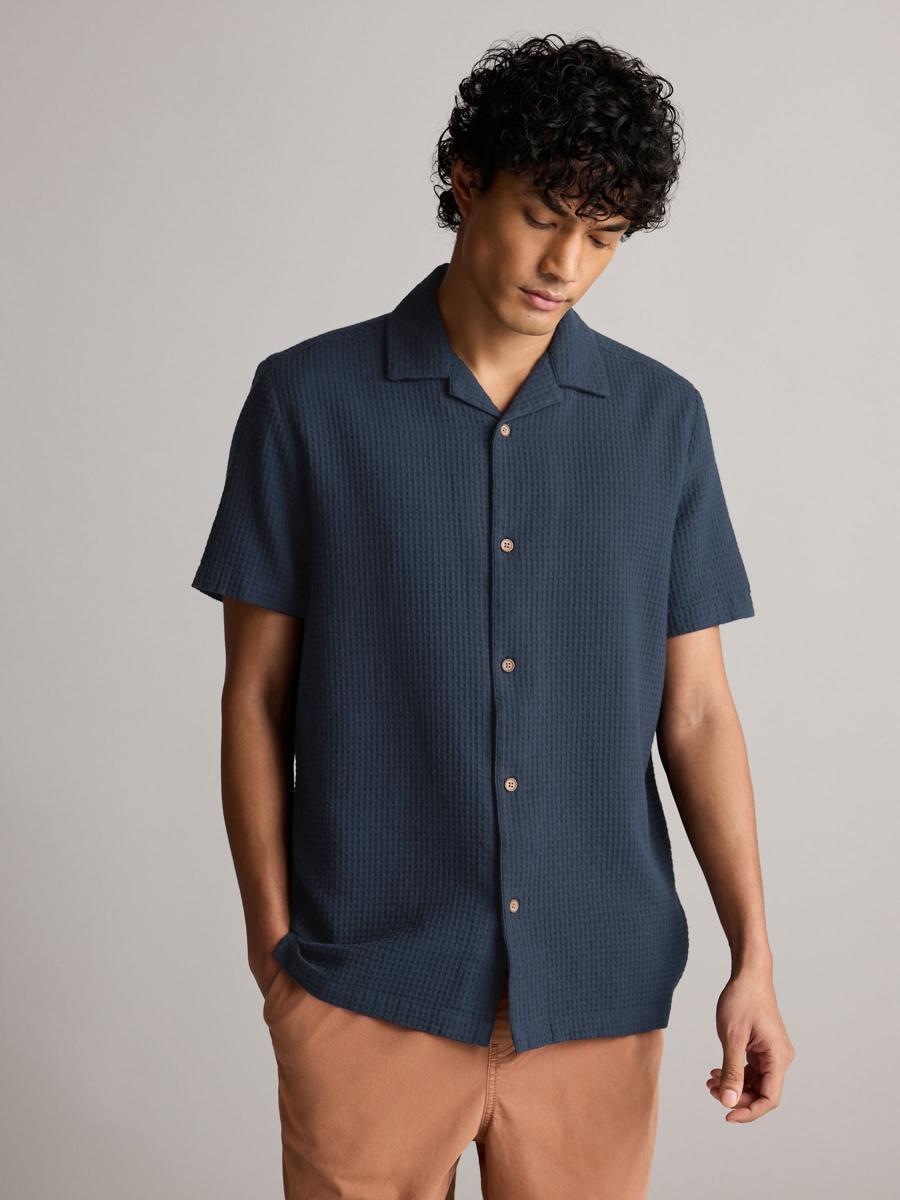 Navy Blue 100% Cotton Textured Waffle Short Sleeve Shirt