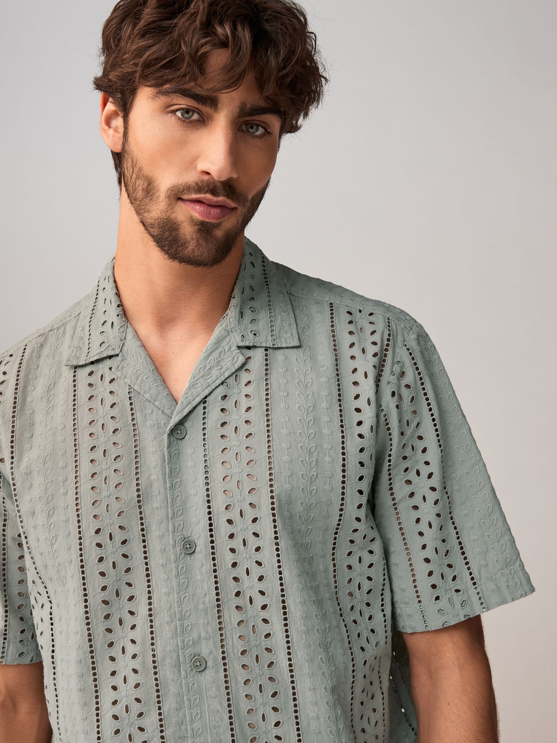 Green 100% Cotton Textured Broderie Short Sleeve Shirt