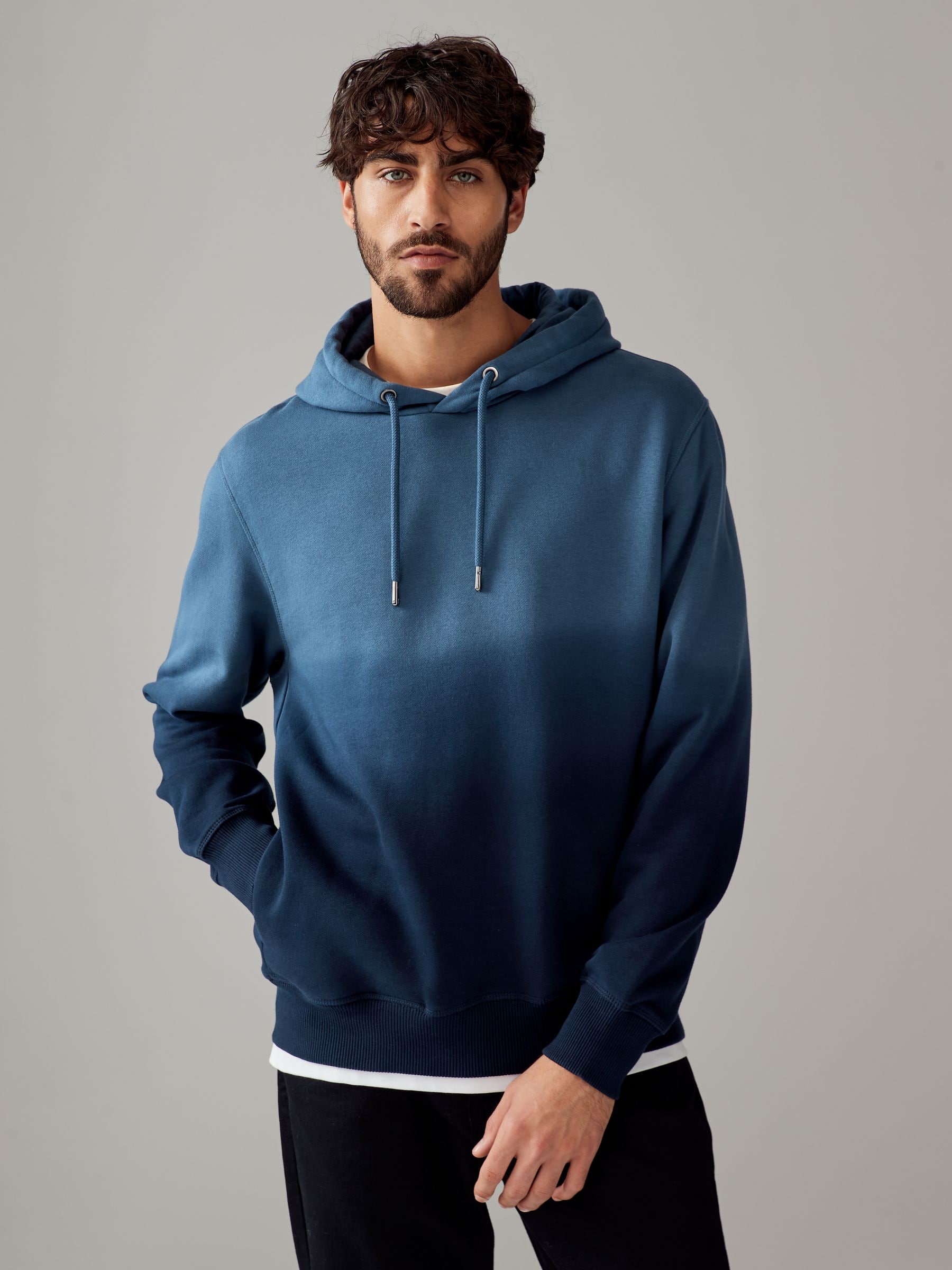 Navy Blue Ombre Dip-Dye Cotton Rich Jersey Hoodie