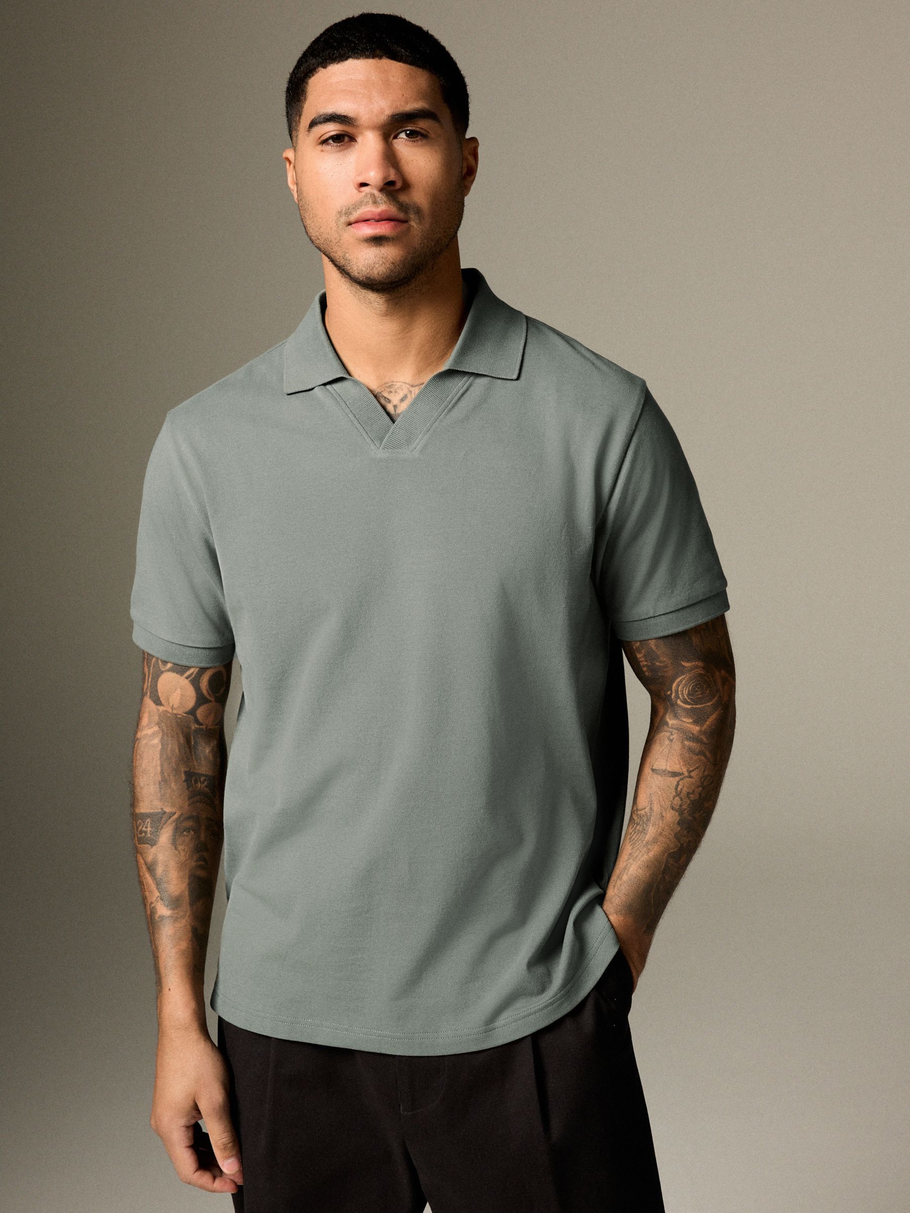 Dark Grey Short Sleeve Cuban Collar Pique Polo Shirt