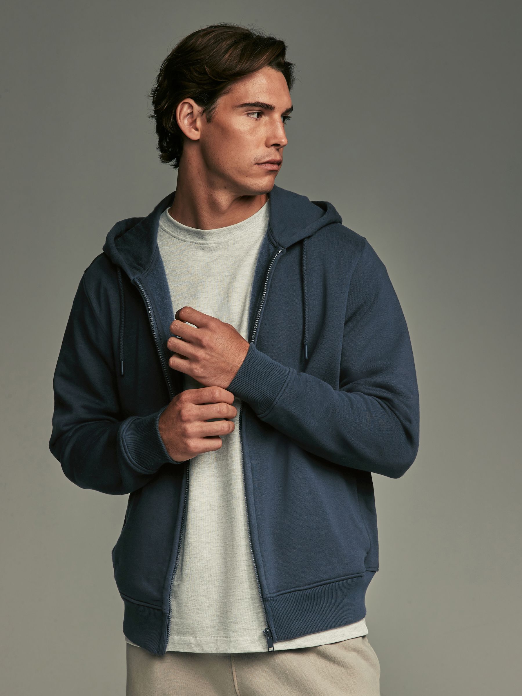 Navy Blue Cotton-Rich Jersey Zip Up Hoodie