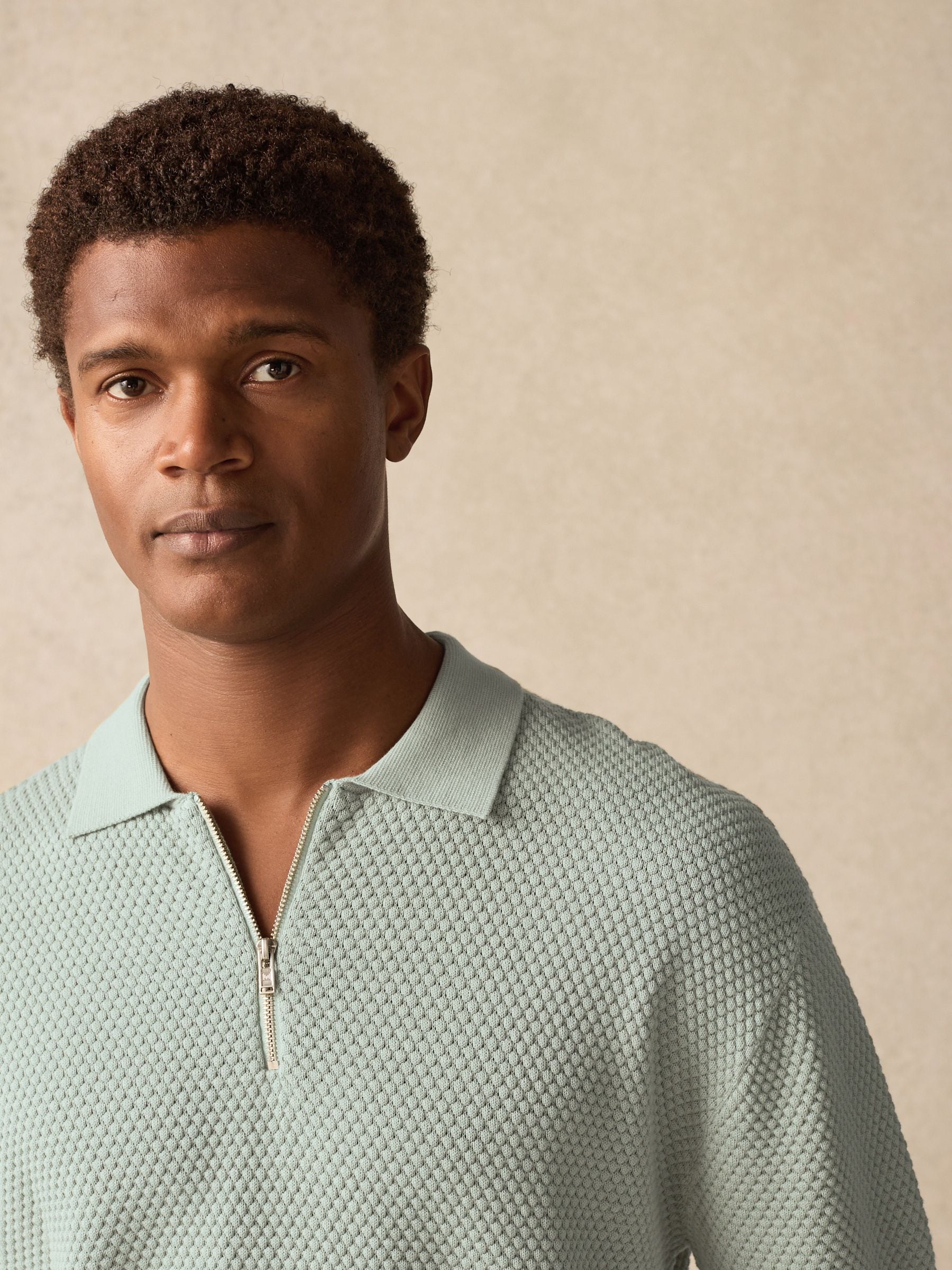 Light Green Regular Fit 100% Cotton Textured Short Sleeve Knit Zip Polo Shirt