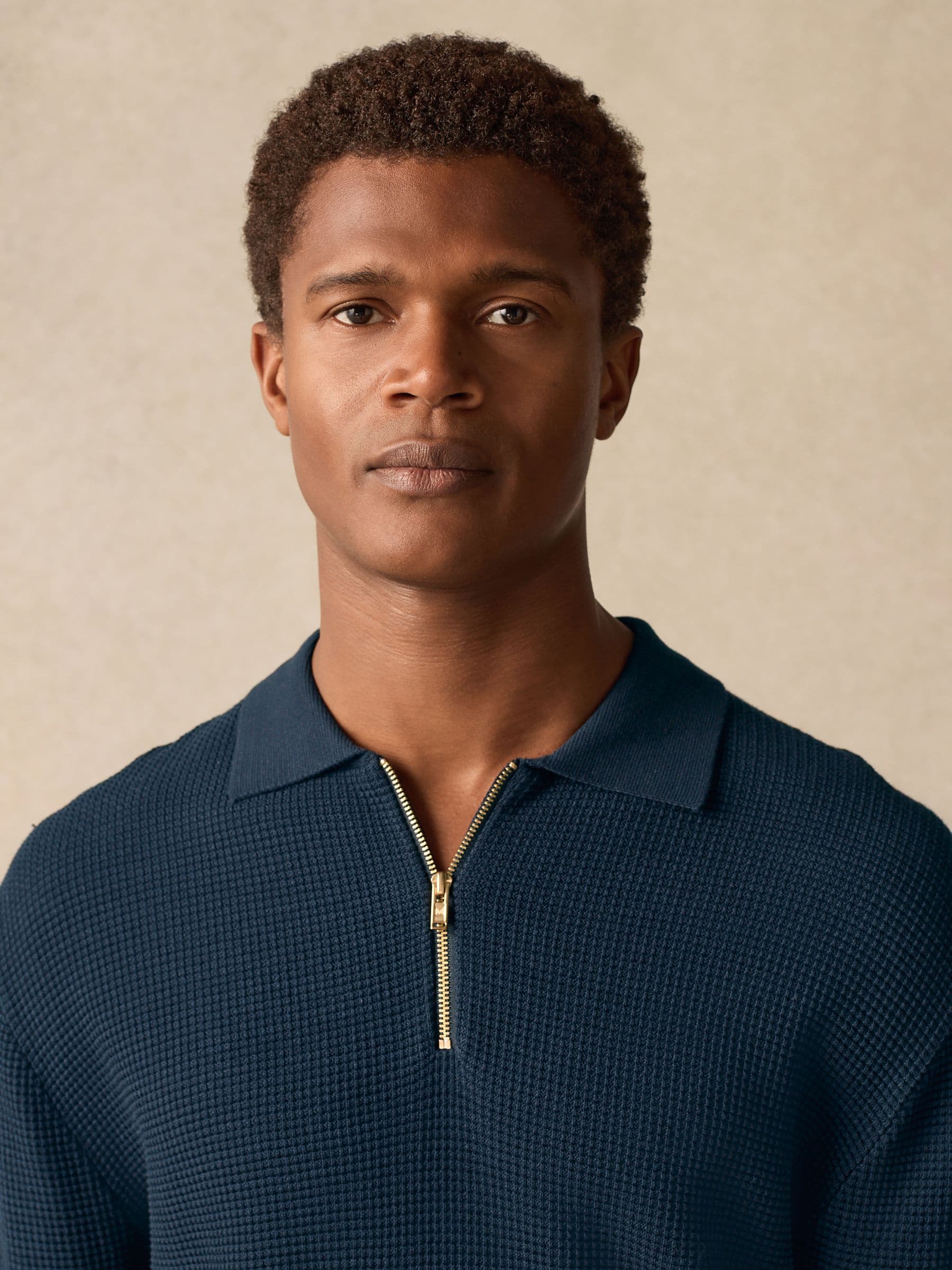 Navy Blue Regular Fit 100% Cotton Long Sleeve Textured Knit Zip Polo Shirt