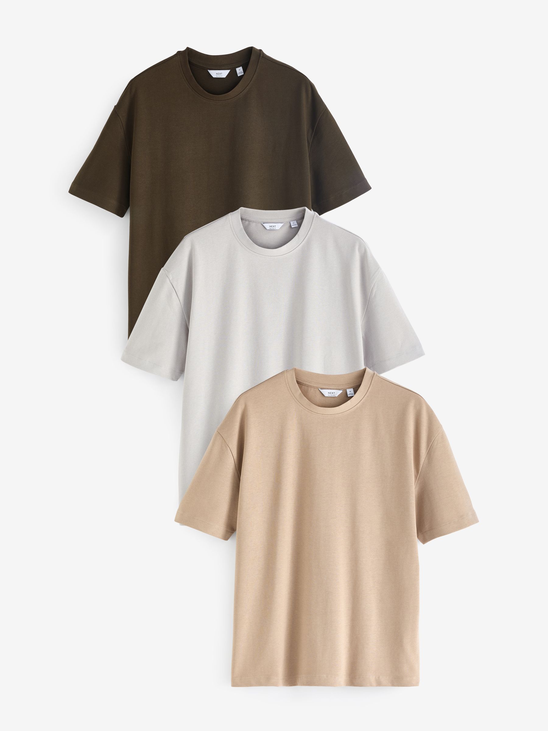 Grey/Khaki Green/Stone Relaxed Fit Heavyweight T-Shirts 3 Pack