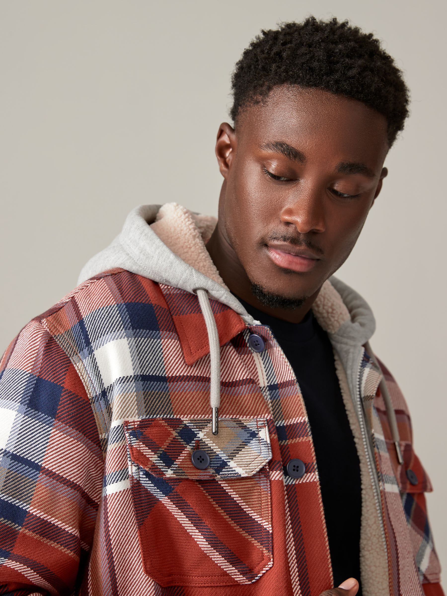 Orange Check Hooded Borg Lined Shacket