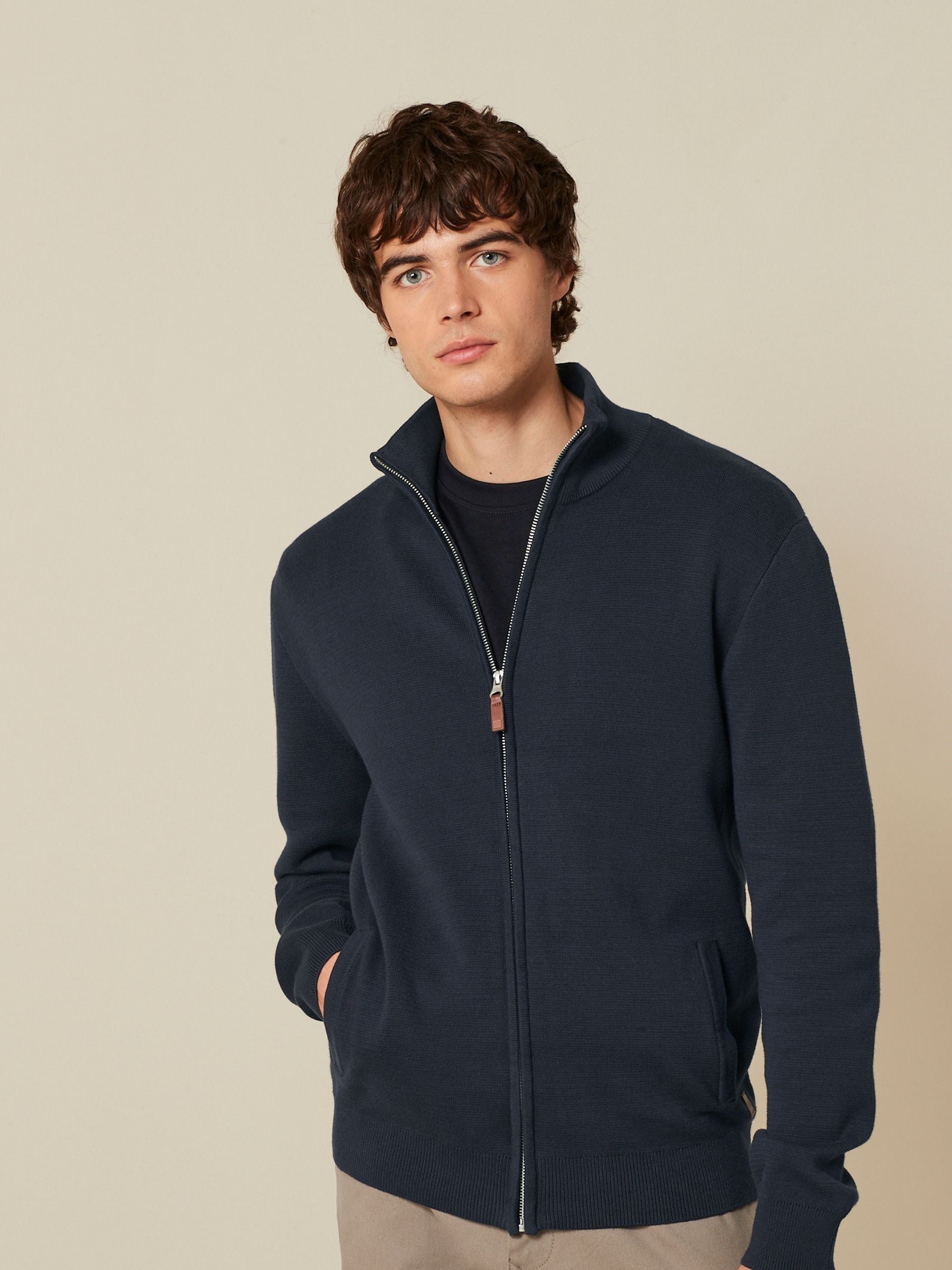 Navy Blue Regular Fit 100% Cotton Premium Zip-Through Jumper