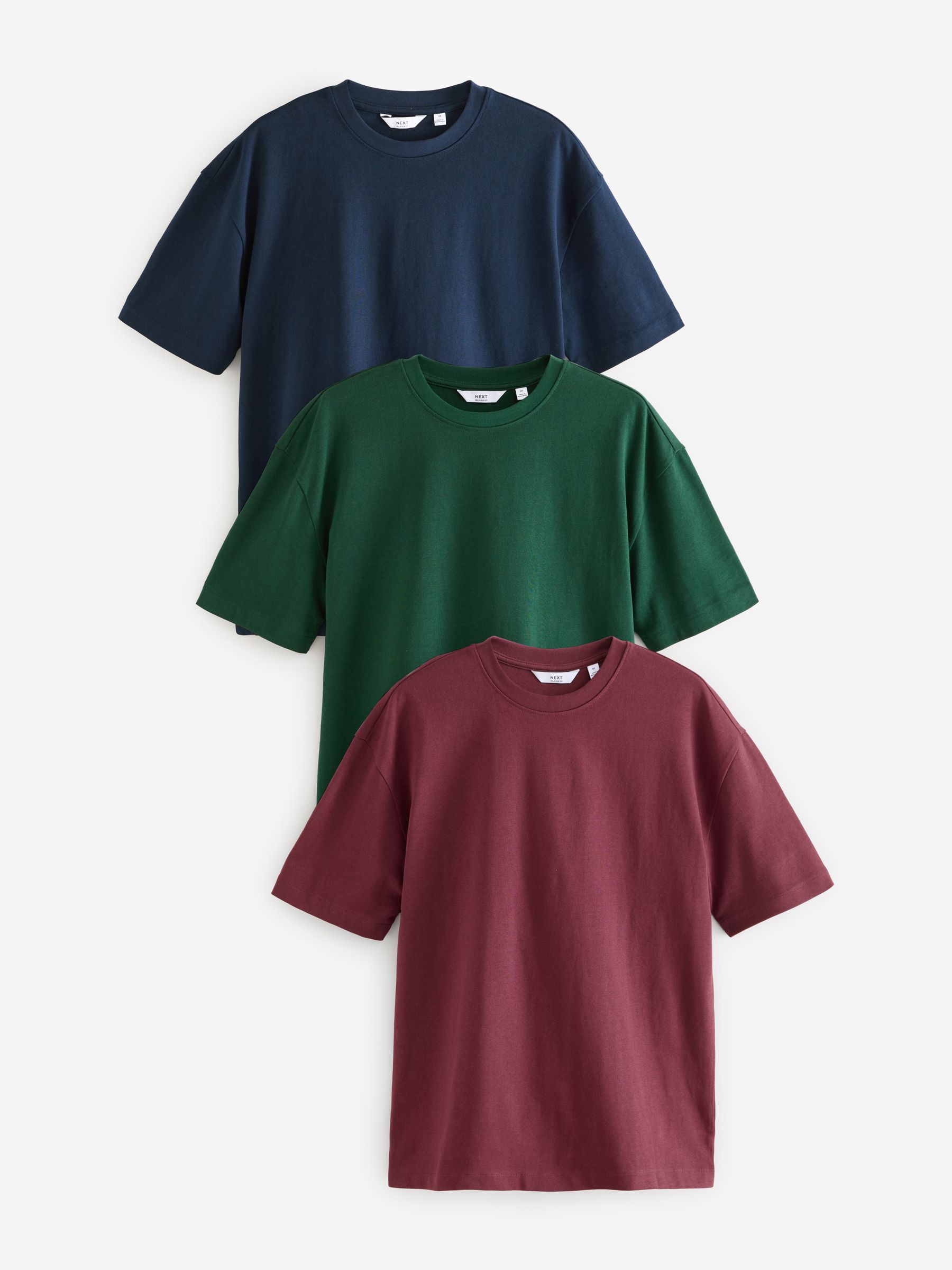 Blue/Burgundy Red/Green Relaxed Fit Heavyweight T-Shirts 3 Pack