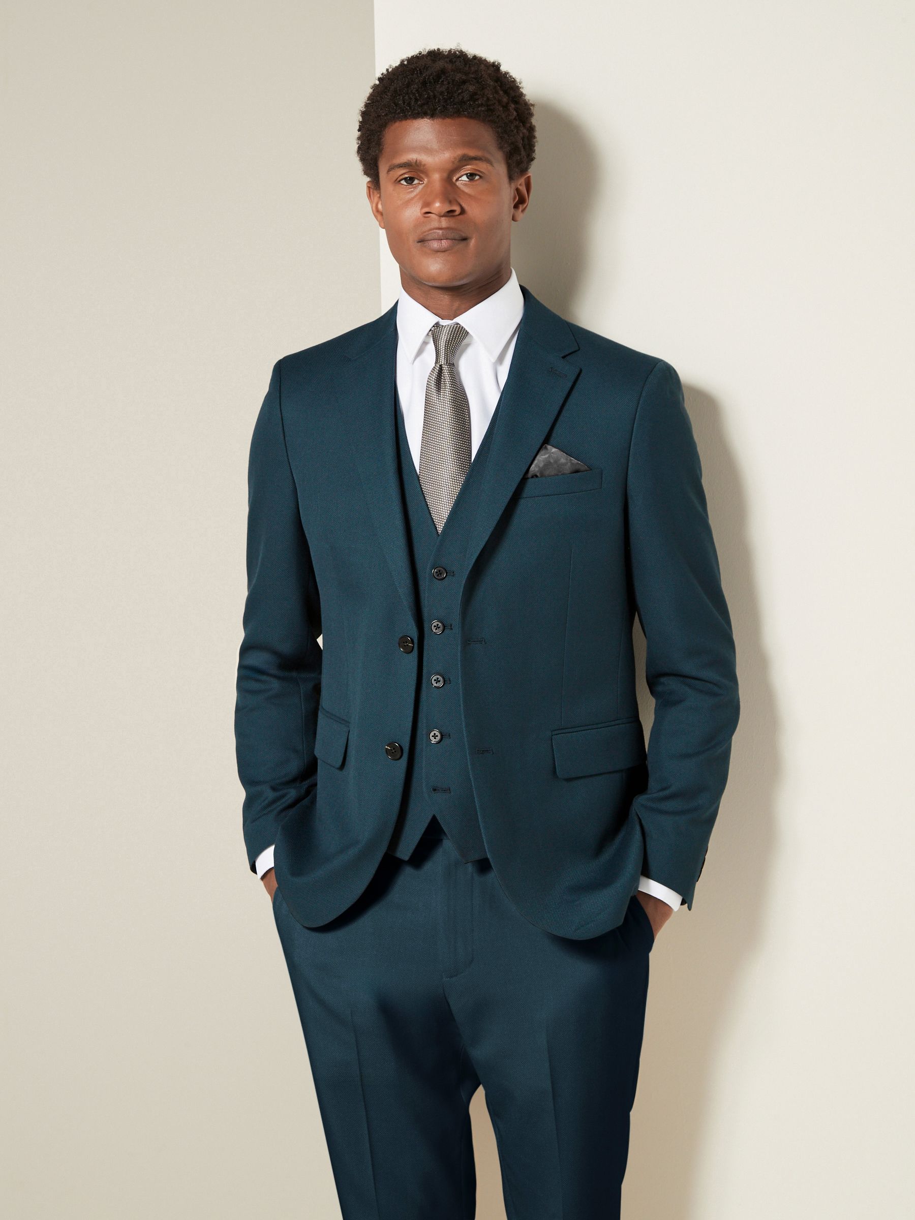 Teal Blue Slim Fit Textured Suit Jacket